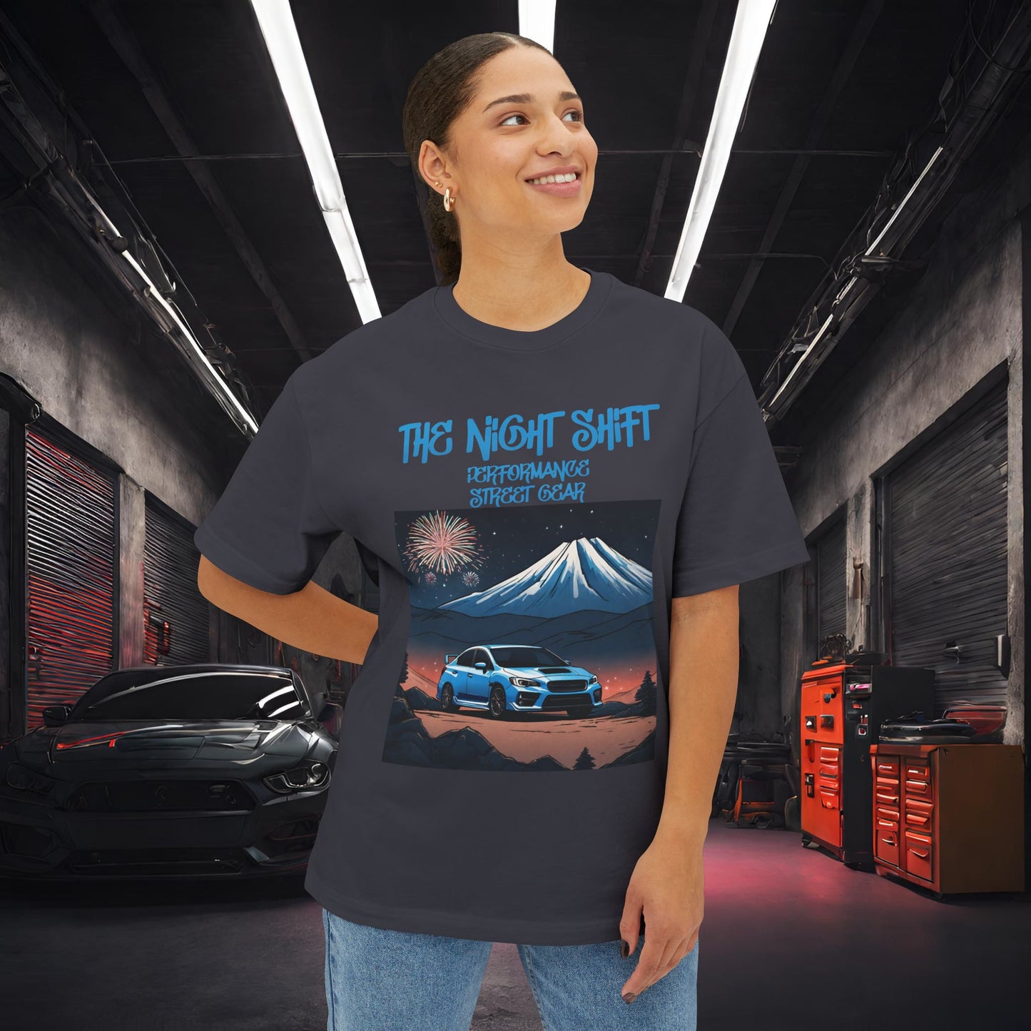 Subaru WRX/STI Fireworks In The Mountains-Premium, Ultra Soft Unisex Oversized Boxy Tee Printify by The Night Shift Automotive Apparel