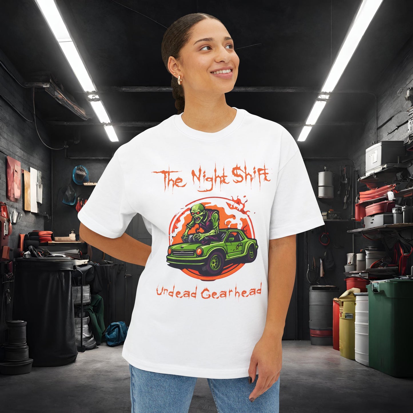 Undead Gearhead Zombie-Premium, Ultra Soft Unisex Oversized Boxy Tee Printify by The Night Shift Automotive Apparel