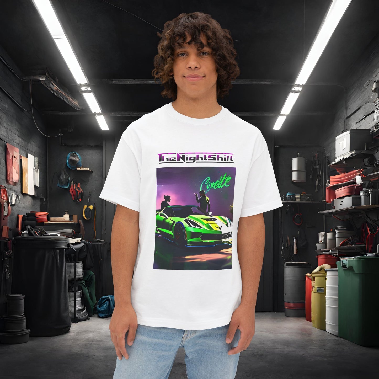 Chevy C7 Corvette-Premium, Ultra Soft Unisex Oversized Boxy Tee White Printify by The Night Shift Automotive Apparel
