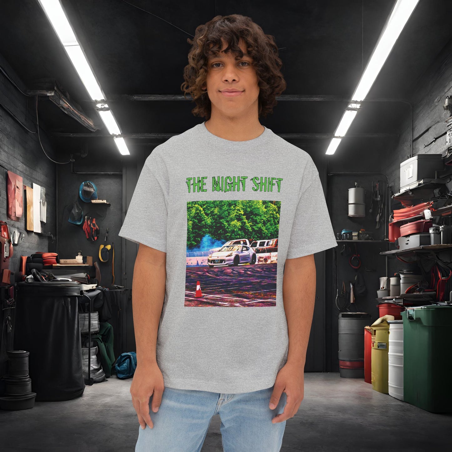 Nissan 370z Drifting Nedco NHMS-Premium, Ultra Soft Unisex Oversized Boxy Tee Athletic Heather Printify by The Night Shift Automotive Apparel