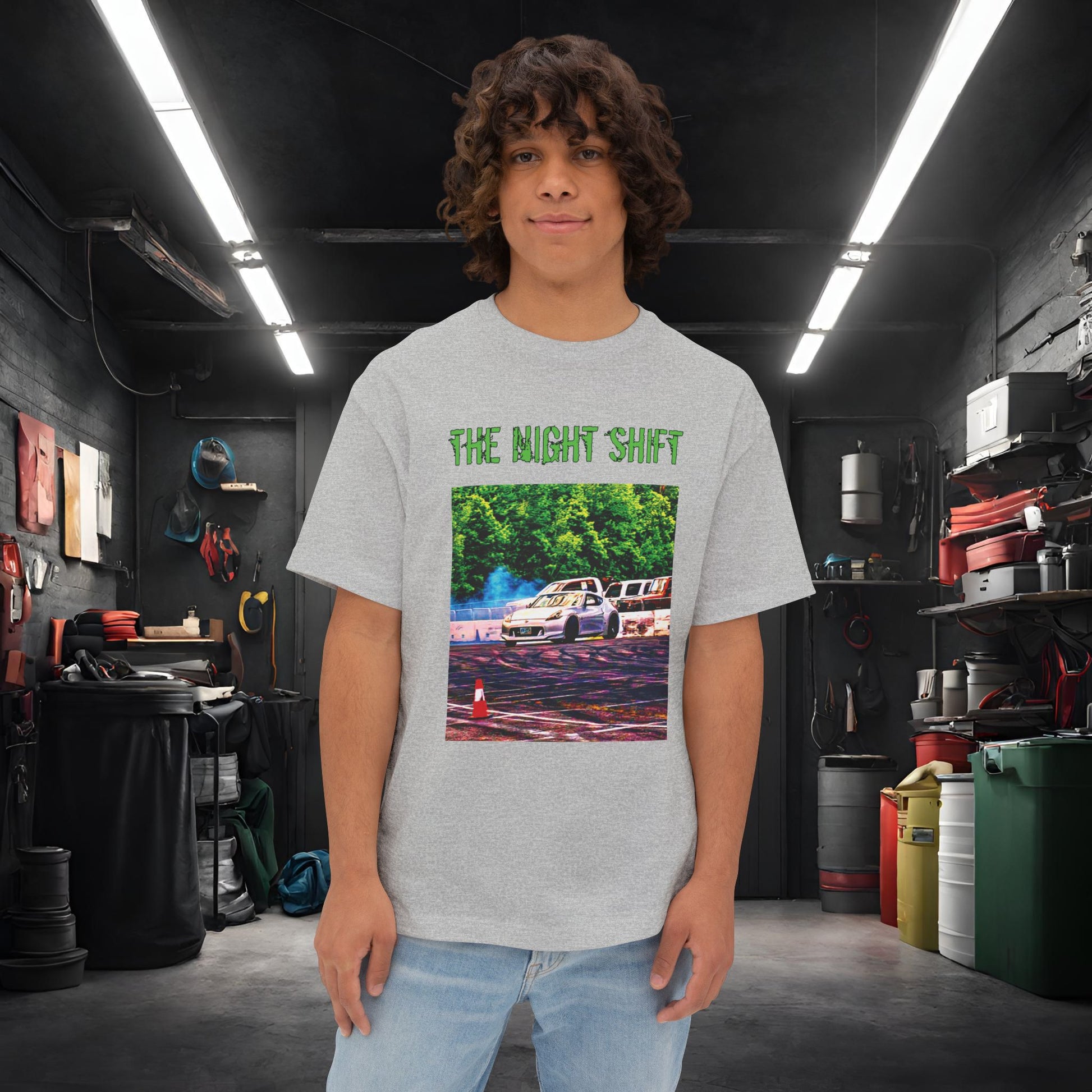 Nissan 370z Drifting Nedco NHMS-Premium, Ultra Soft Unisex Oversized Boxy Tee Athletic Heather Printify by The Night Shift Automotive Apparel