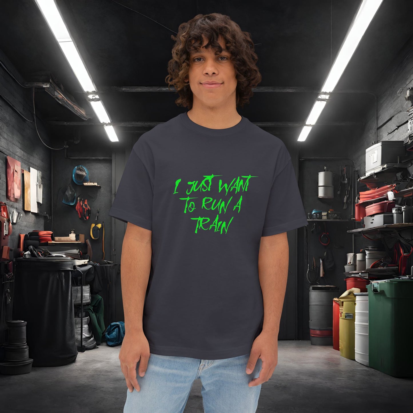 I Just Want To Run A Train-Premium, Ultra SoftUnisex Oversized Boxy Tee Dark Grey Printify by The Night Shift Automotive Apparel