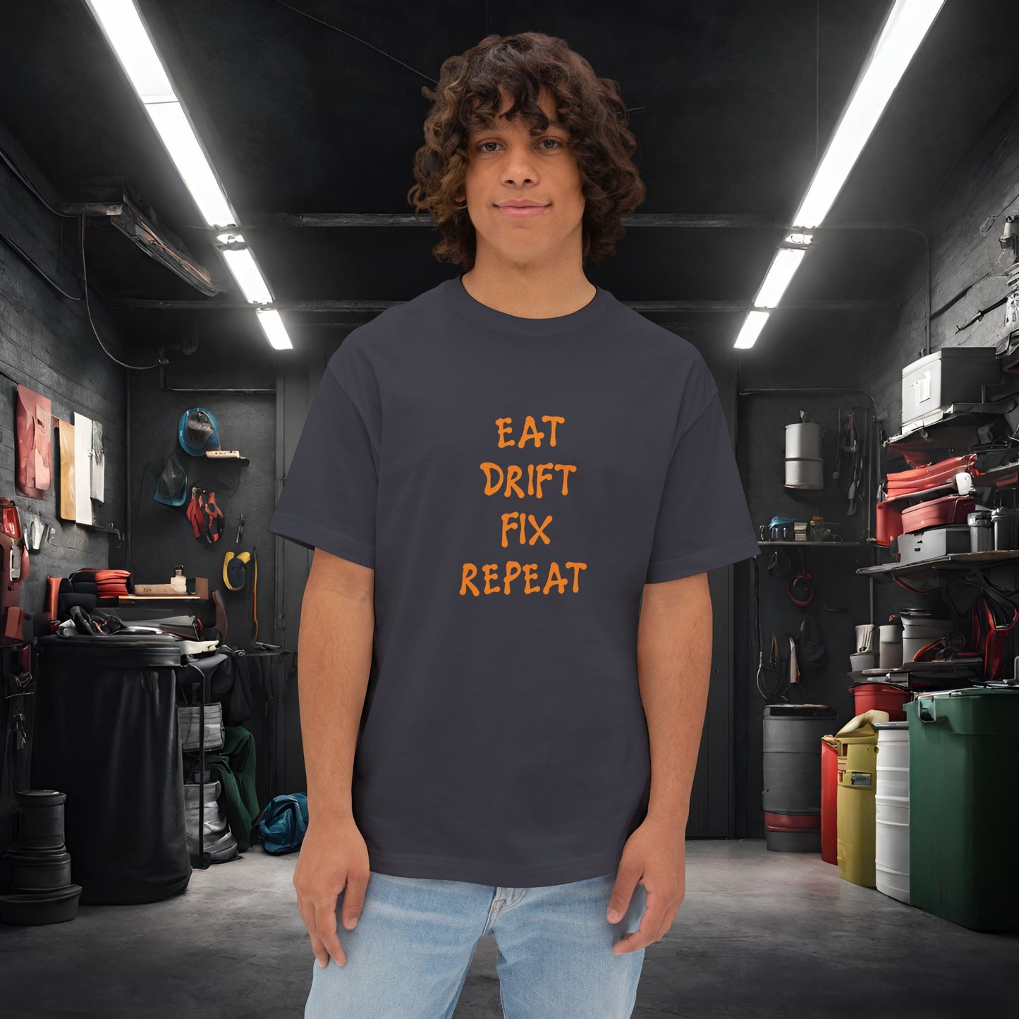 Eat, Drift, Fix, Repeat. I'll Sleep When I'm Dead-Premium, Ultra Soft Unisex Oversized Boxy Tee Dark Grey Printify by The Night Shift Automotive Apparel