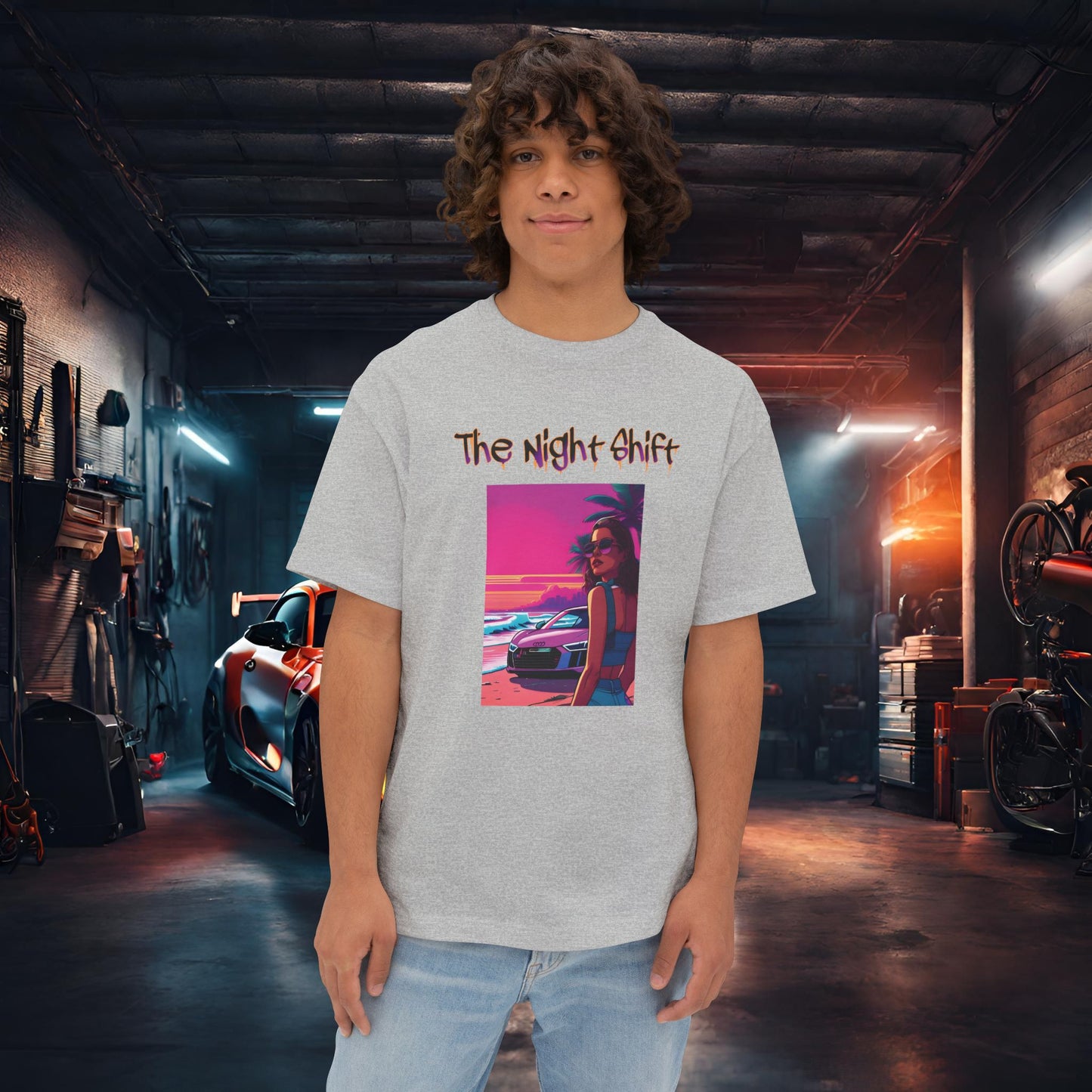 Audi R8 Beach Cruise Synthwave-Premium, Ultra Soft Unisex Oversized Boxy Tee Athletic Heather Printify by The Night Shift Automotive Apparel