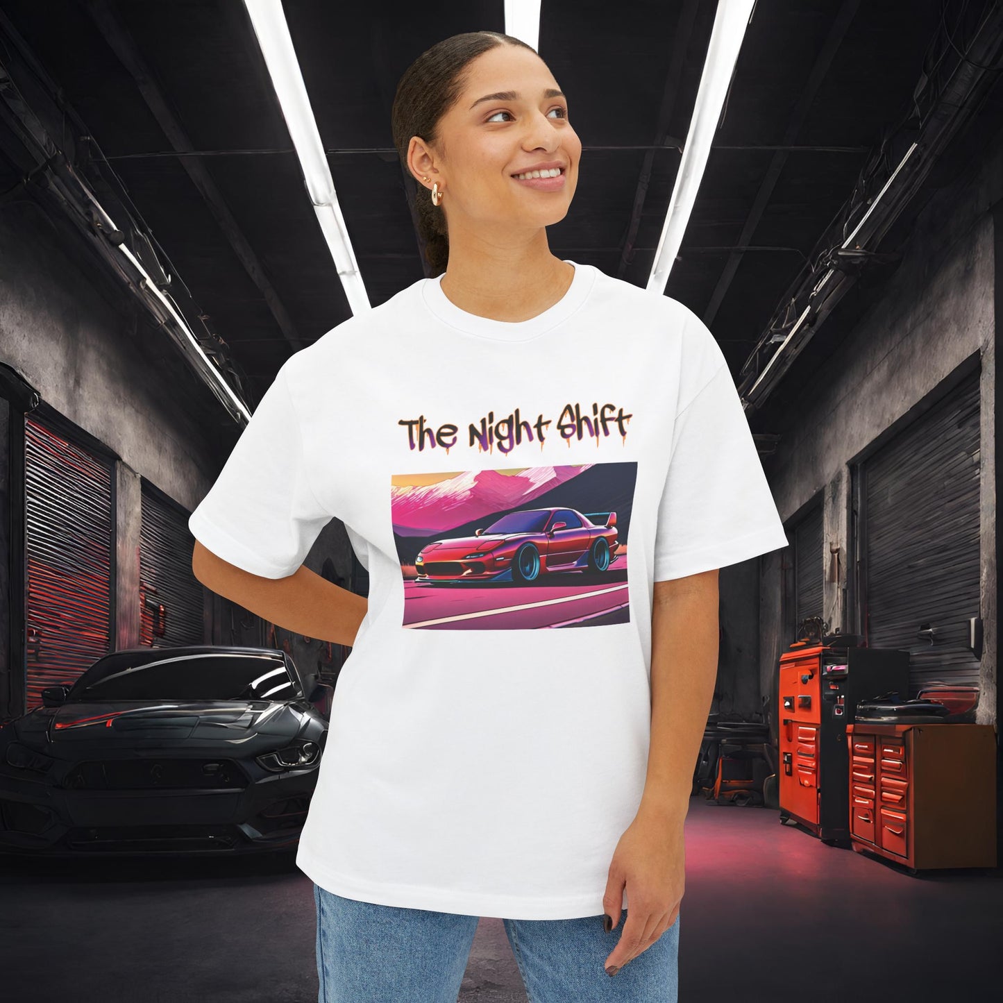 Mazda RX7 Synthwave-Premium, Ultra Soft Unisex Oversized Boxy Tee Printify by The Night Shift Automotive Apparel