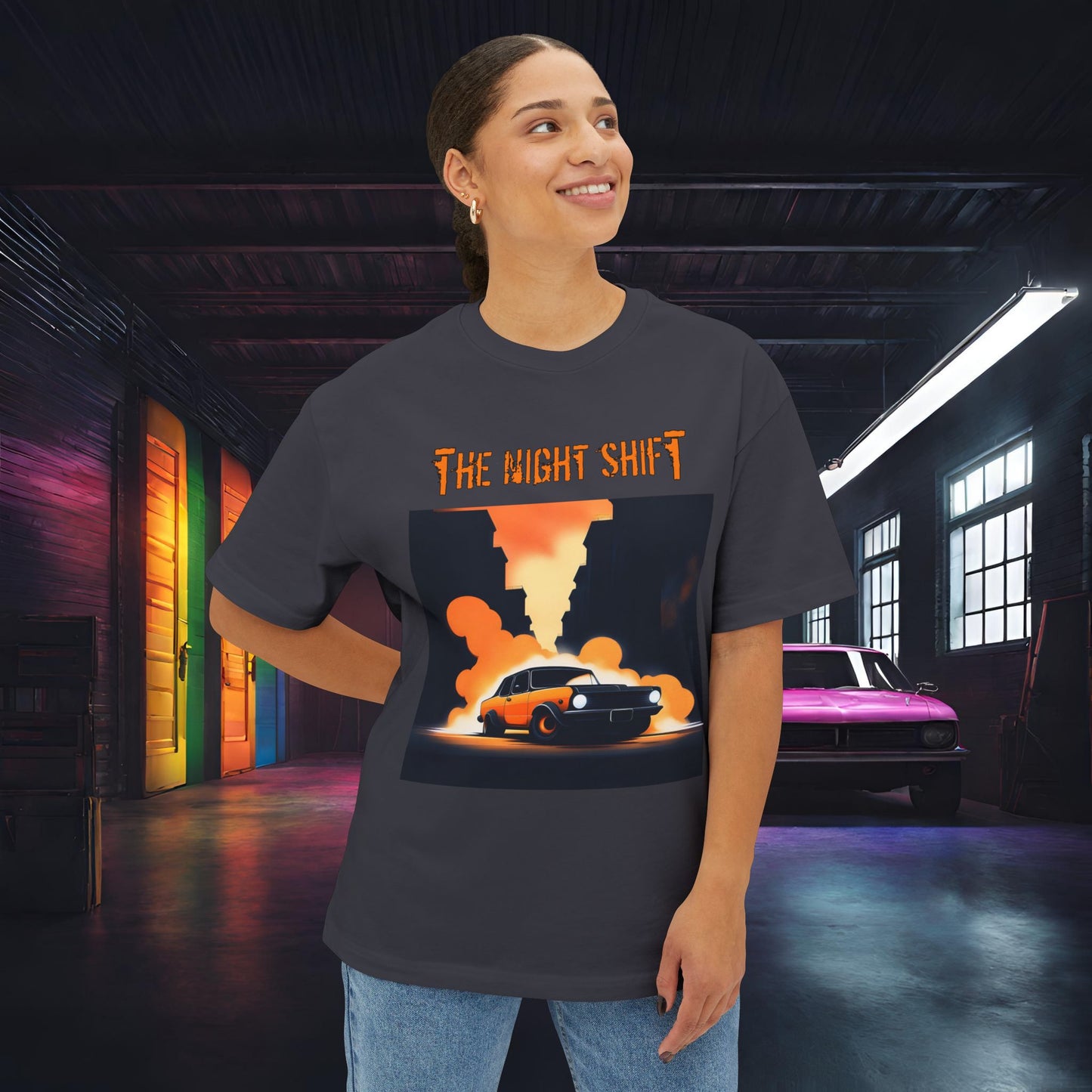 Hot Rod Urban Streets-Premium, Ultra Soft Unisex Oversized Boxy Tee Printify by The Night Shift Automotive Apparel
