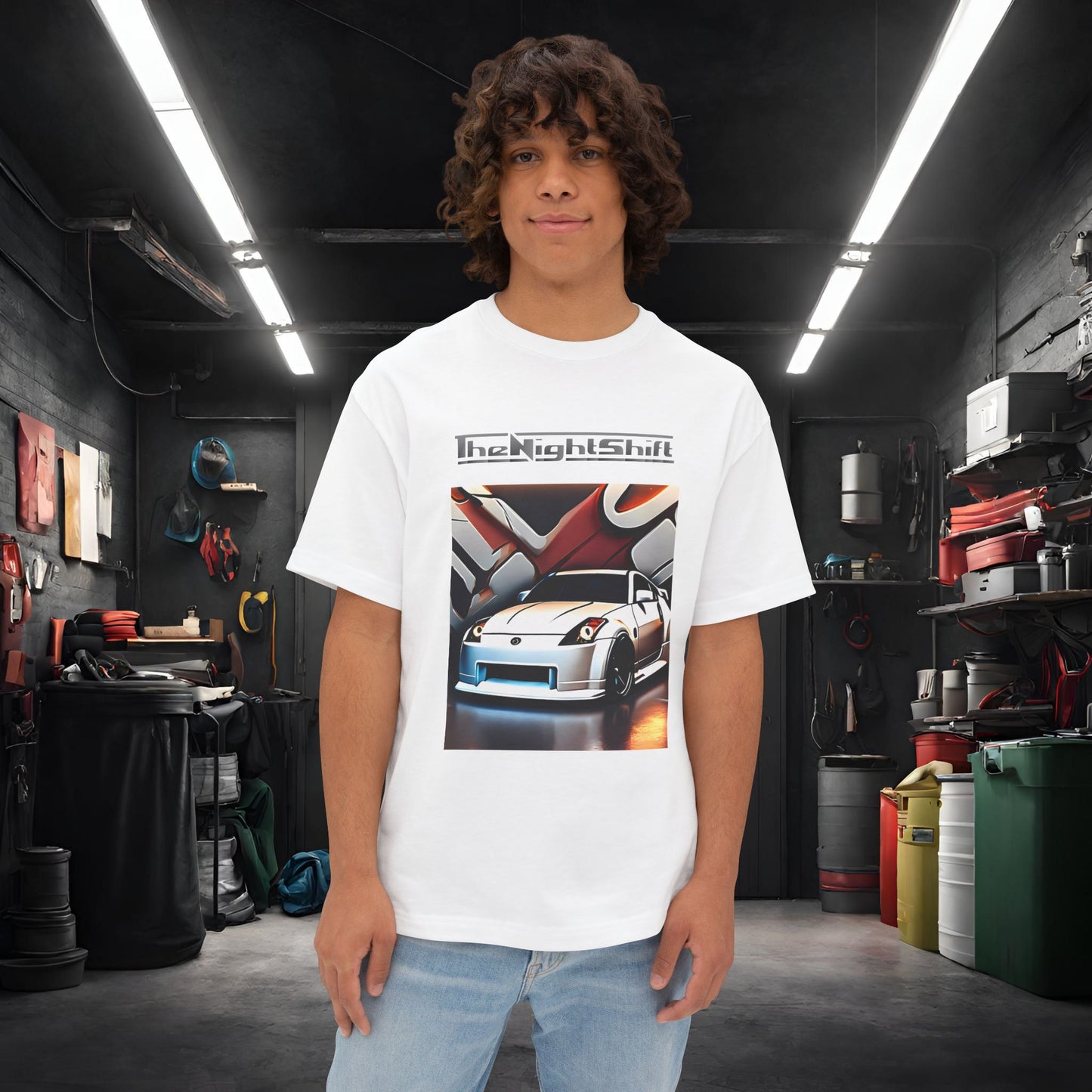 Nissan 350z Graffiti Wall-Premium, Ultra Soft, Unisex Oversized Boxy Tee White Printify by The Night Shift Automotive Apparel