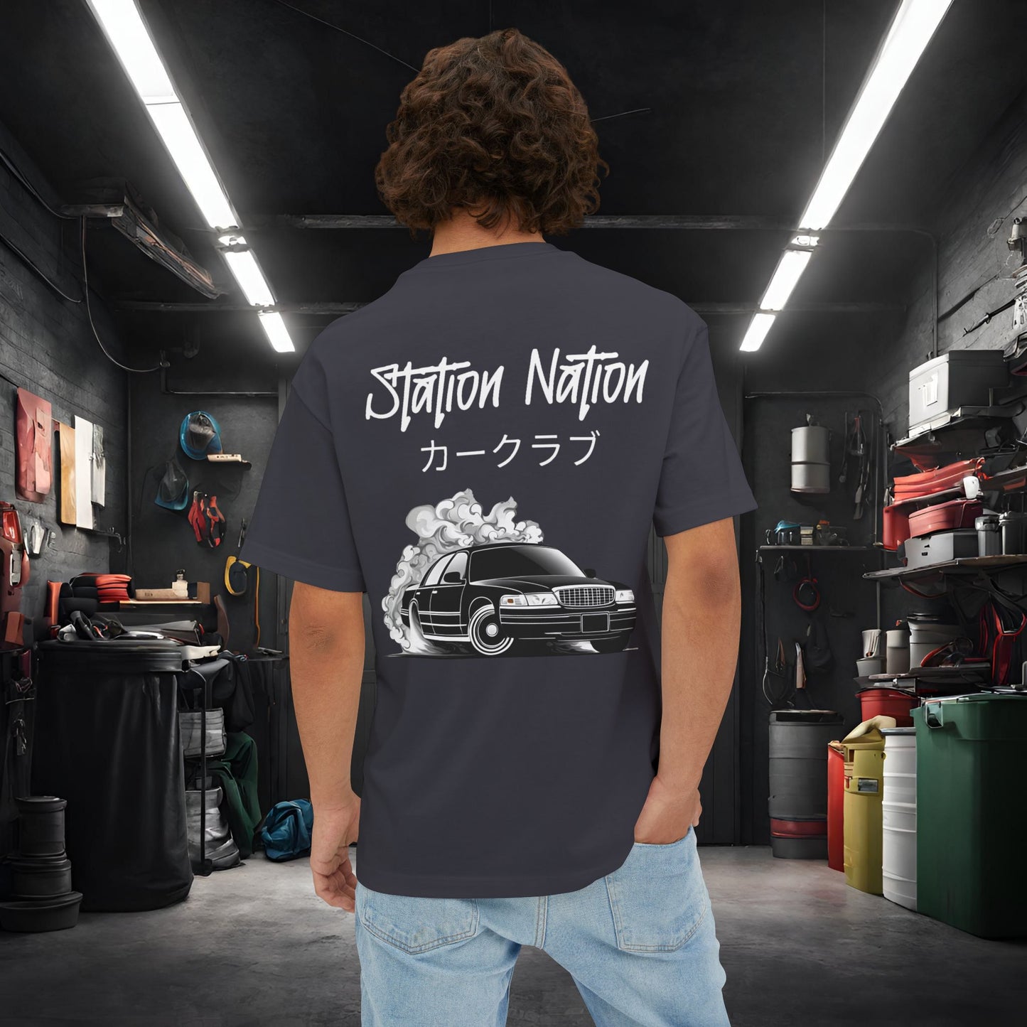 Station Nation-Premium, Ultra Soft Unisex Oversized Boxy Tee Dark Grey Printify by The Night Shift Automotive Apparel