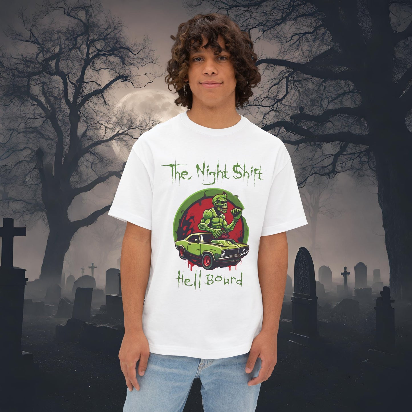 Hell Bound Zombie Muscle Car-Premium, Ultra Soft Unisex Oversized Boxy Tee White Printify by The Night Shift Automotive Apparel