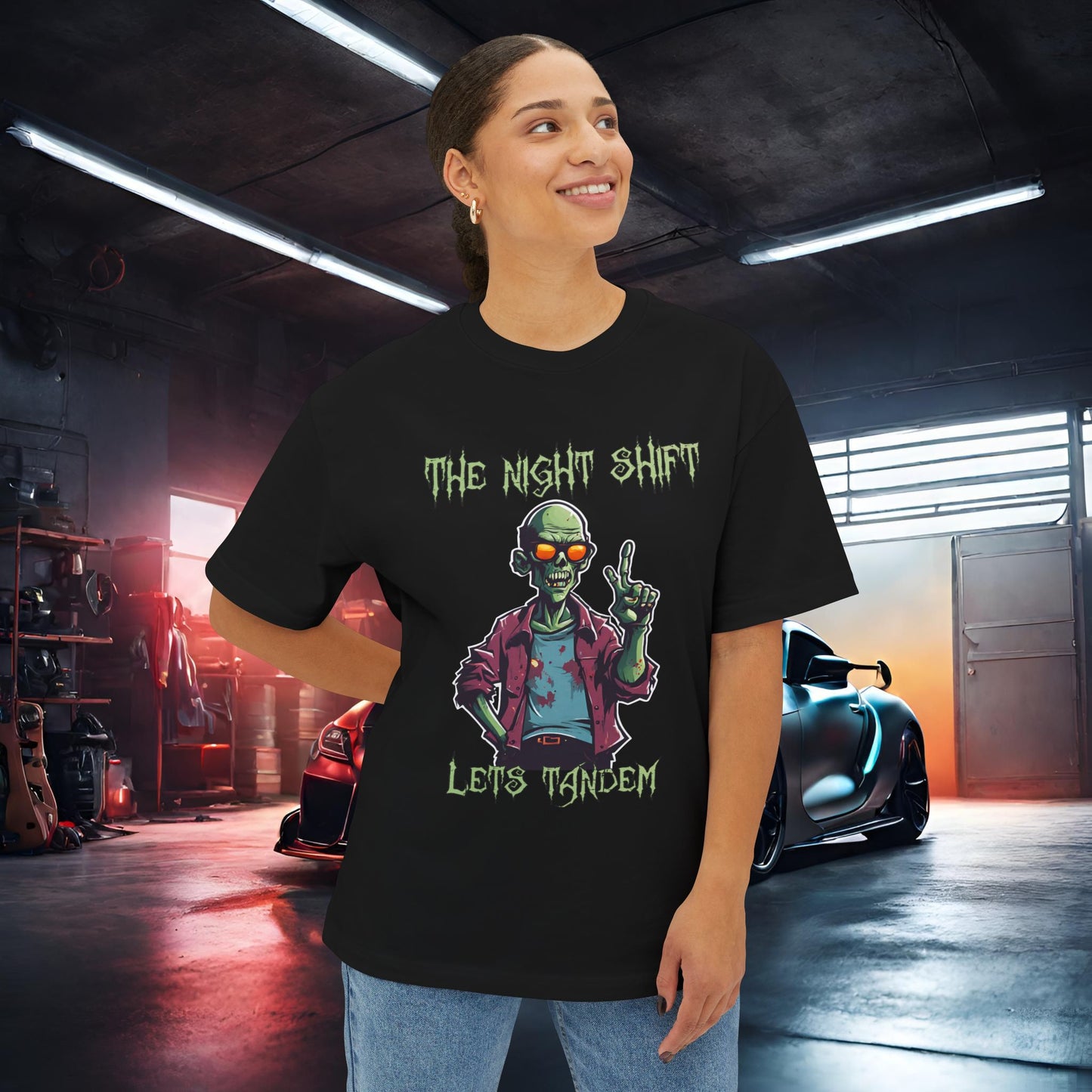 Lets Tandem Drift Zombie- Premium, Ultra Soft Unisex Oversized Boxy Tee Printify by The Night Shift Automotive Apparel