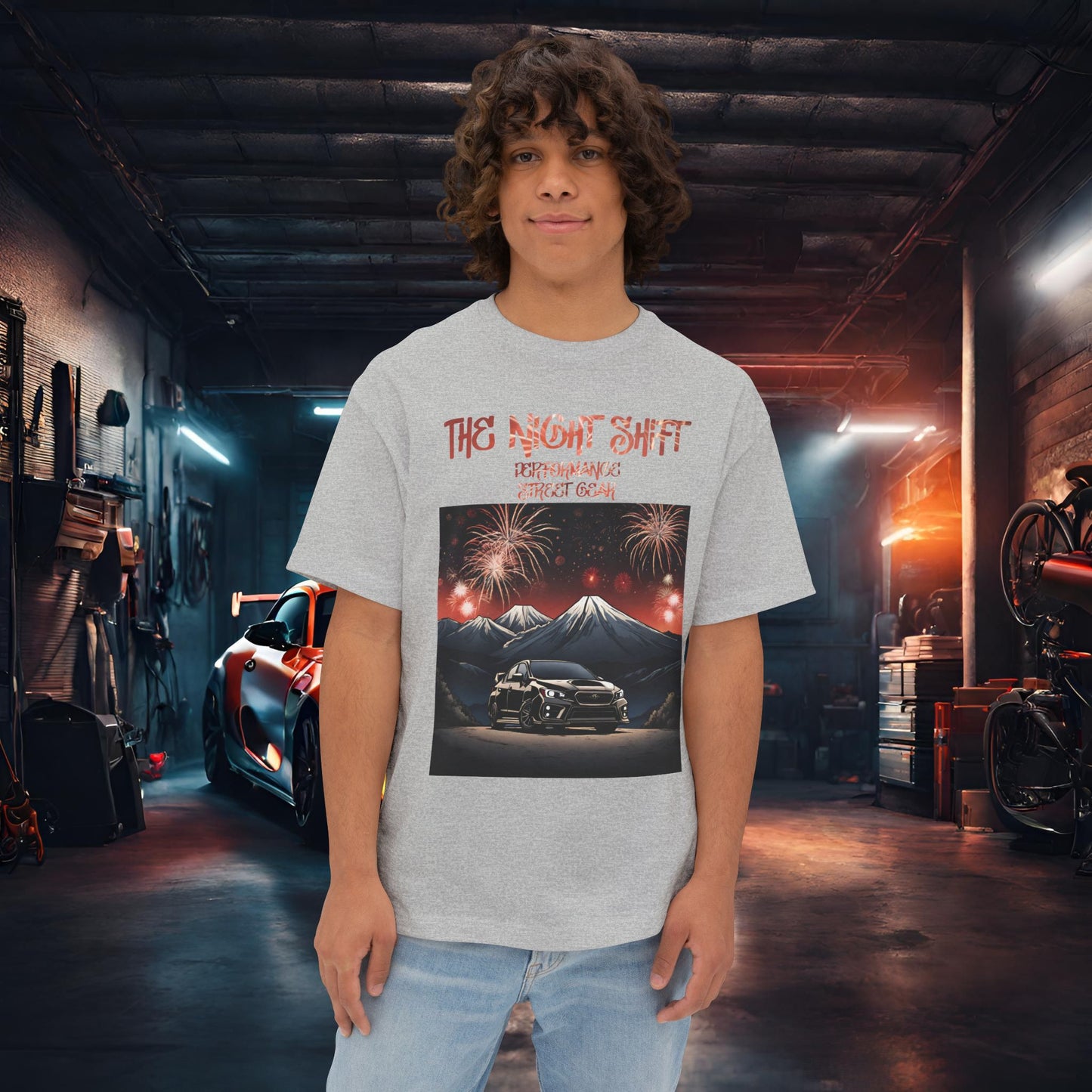 Subaru WRX/STI Fireworks In The Mountains-Premium, Ultra Soft Unisex Oversized Boxy Tee Athletic Heather Printify by The Night Shift Automotive Apparel