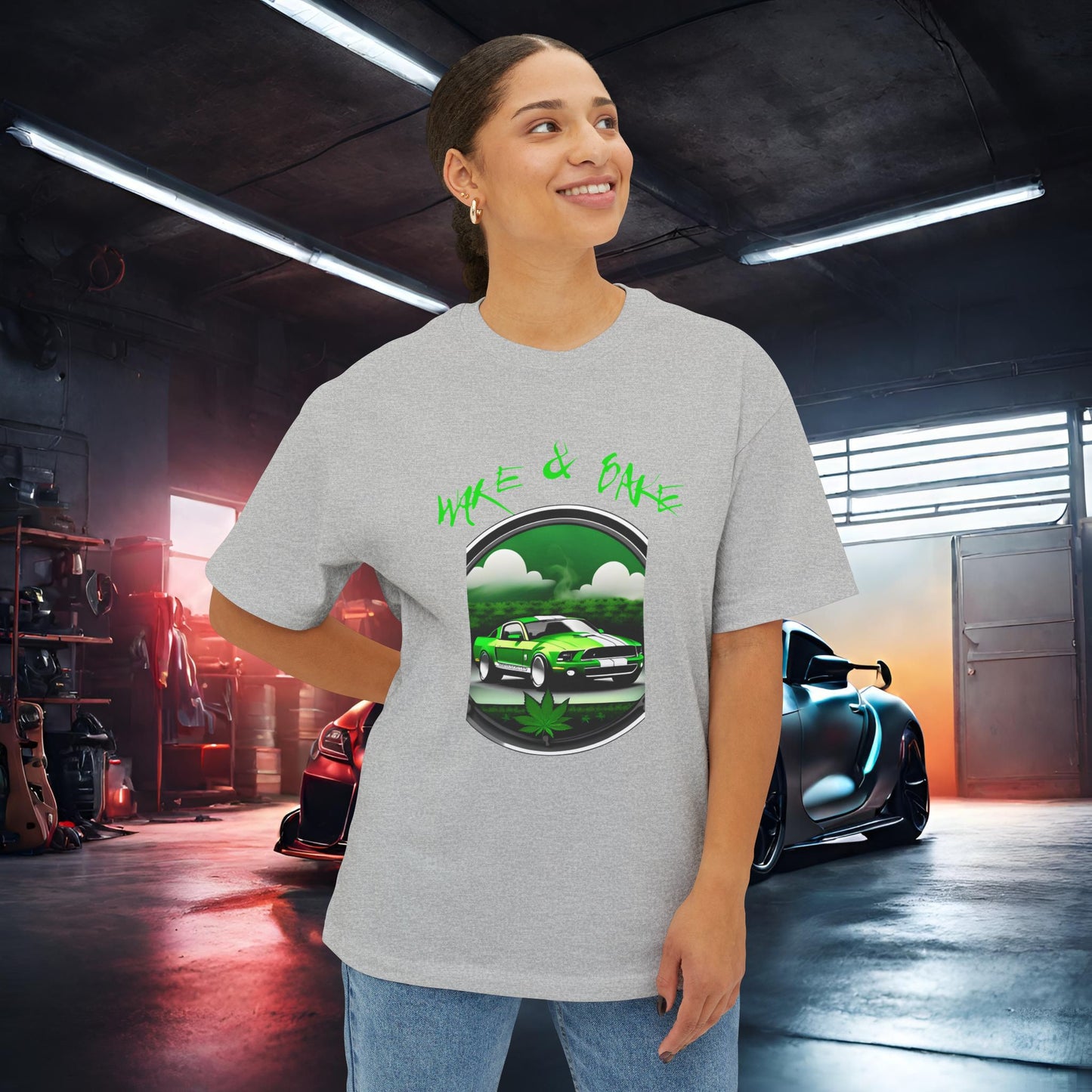 Wake And Bake-Premium, Ultra Soft Unisex Oversized Boxy Tee Printify by The Night Shift Automotive Apparel