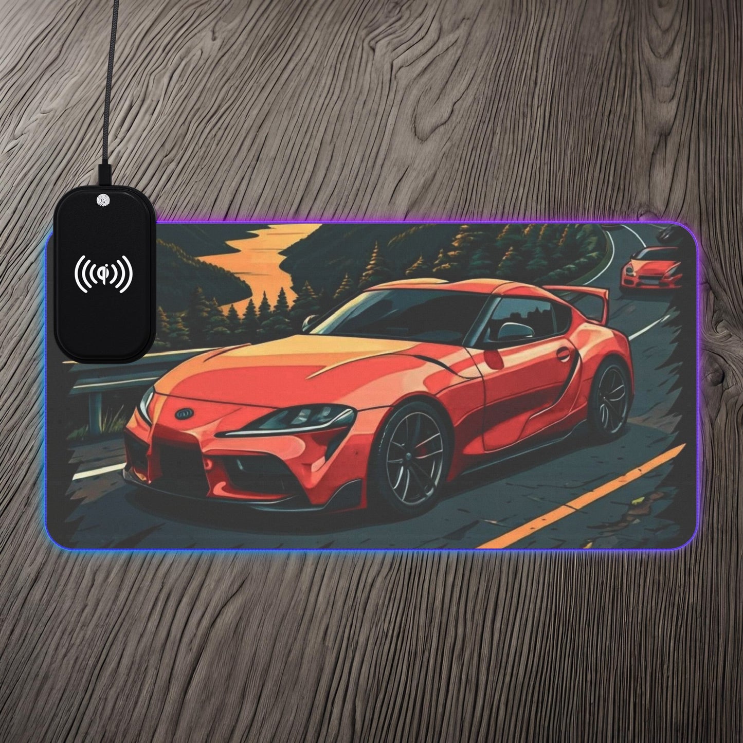 Toyota Supra MK-V Mountain Drive-LED Gaming Mouse Pad with Wireless Charging 23.6" × 11.8" Rectangle 15W Printify by The Night Shift Automotive Apparel