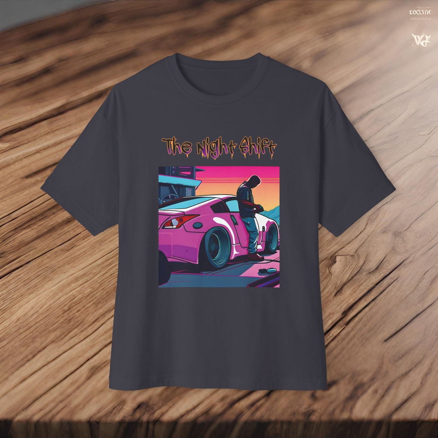 Nissan 370z Synthwave-Premium, Ultra Soft Unisex Oversized Boxy Tee Printify by The Night Shift Automotive Apparel