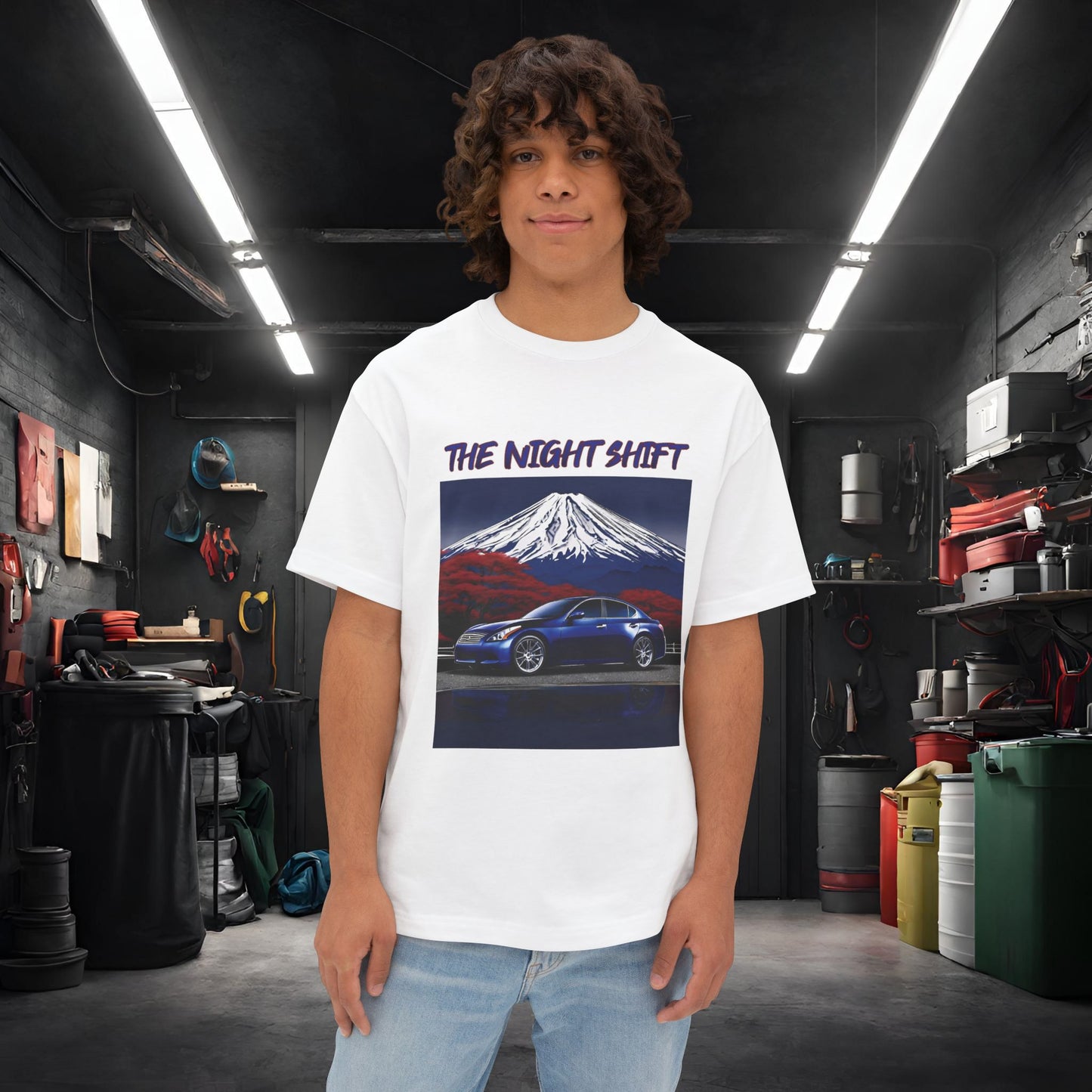 Infiniti G37 Sedan Mt Fuji-Premium, Ultra Soft Unisex Oversized Boxy Tee White Printify by The Night Shift Automotive Apparel