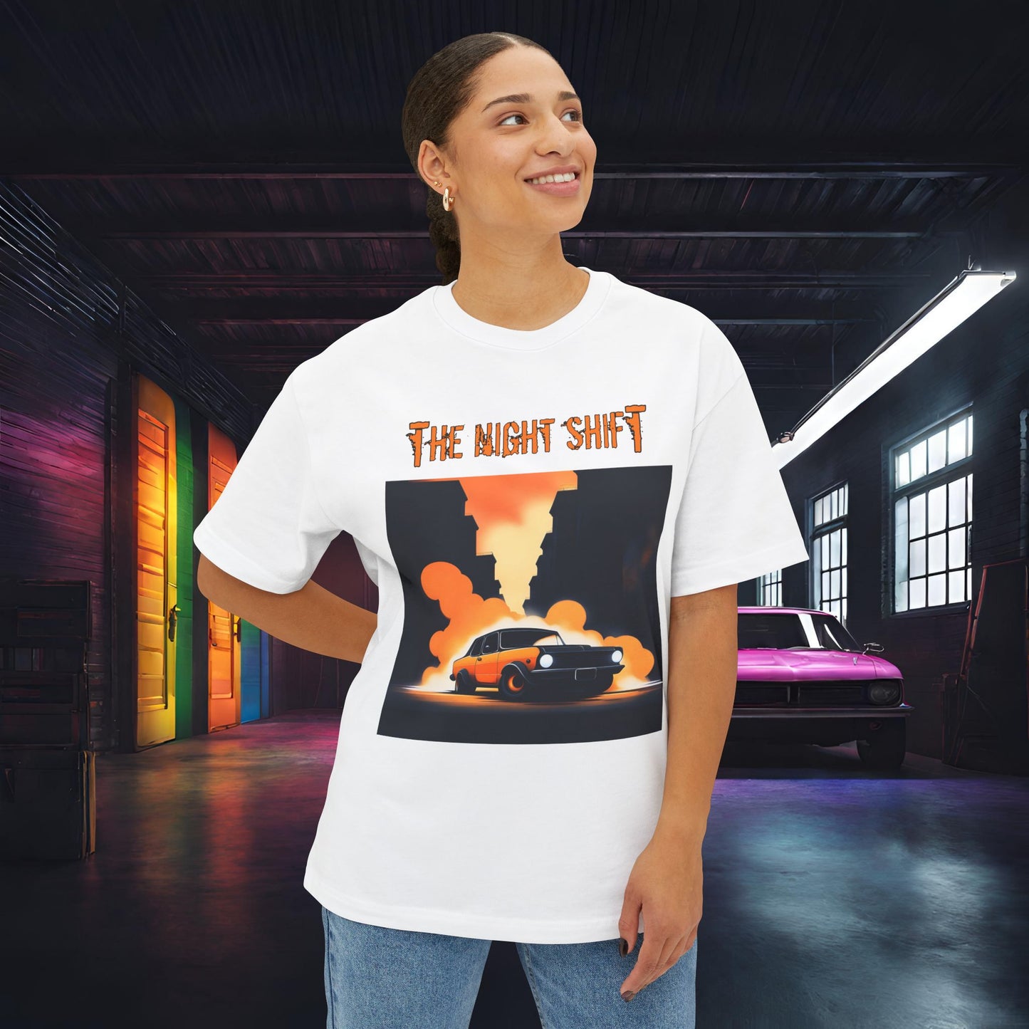 Hot Rod Urban Streets-Premium, Ultra Soft Unisex Oversized Boxy Tee Printify by The Night Shift Automotive Apparel