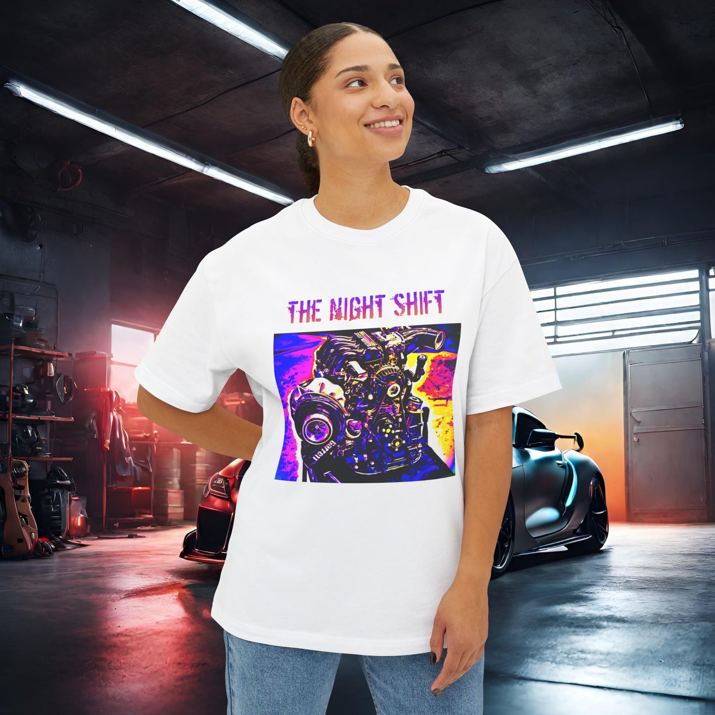 13B-REW Synthwave-Premium, Ultra Soft Unisex Oversized Boxy Tee Printify by The Night Shift Automotive Apparel