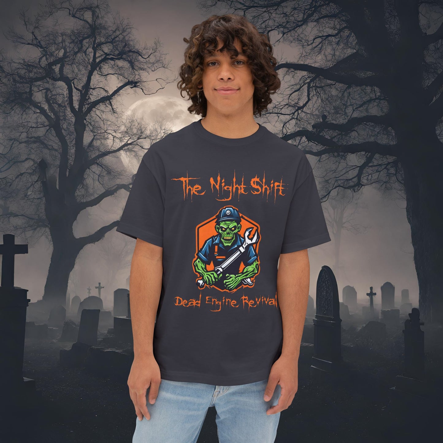 Zombie Dead Engine Revival-Premium, Ultra Soft Unisex Oversized Boxy Tee Dark Grey Printify by The Night Shift Automotive Apparel