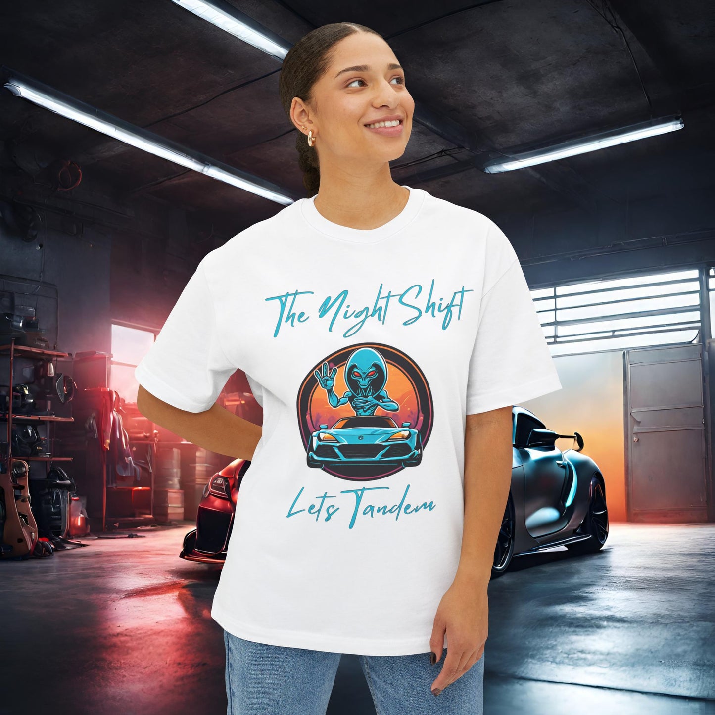 Lets Tandem Alien-Premium, Ultra Soft Unisex Oversized Boxy Tee Printify by The Night Shift Automotive Apparel