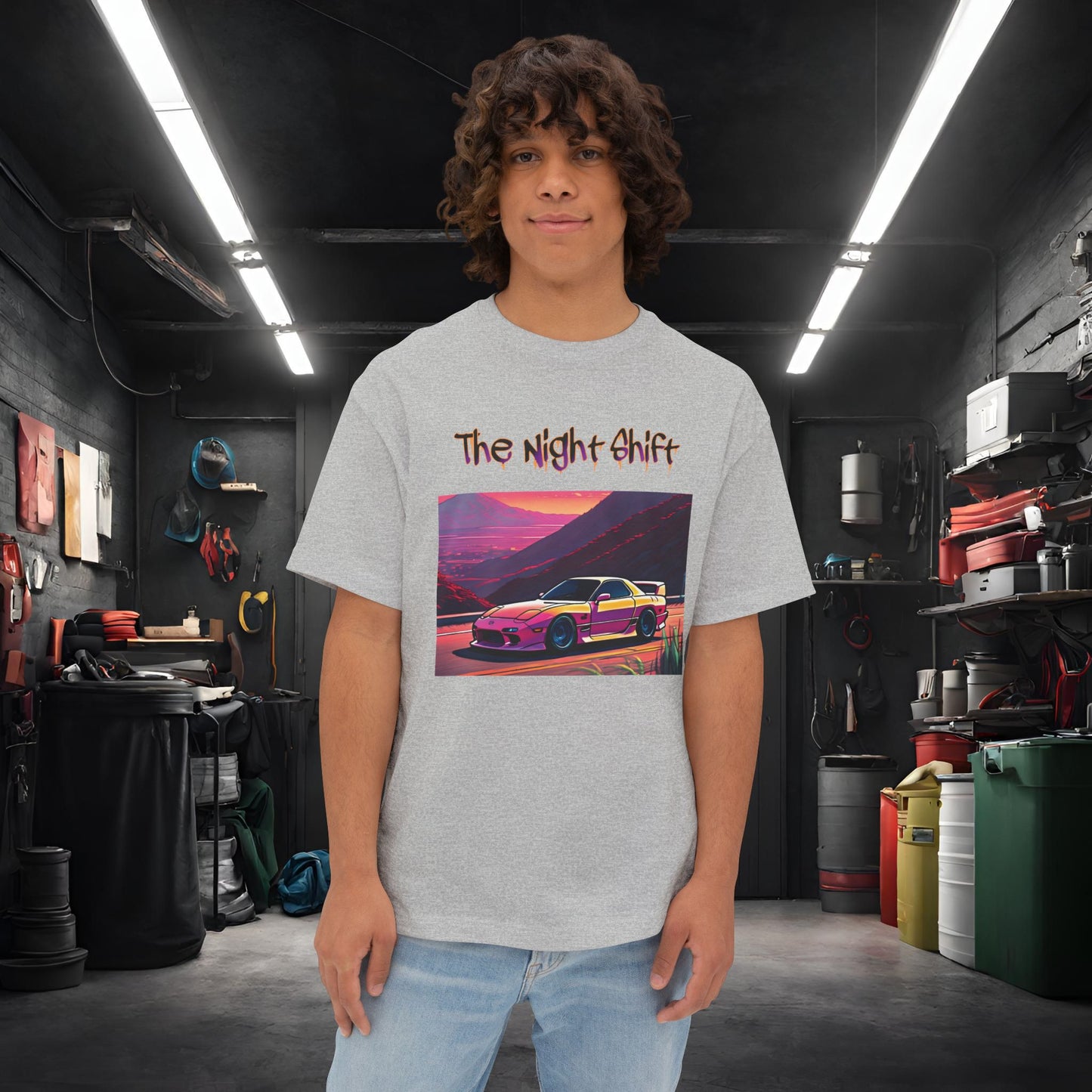 Mazda RX7 Synthwave-Premium, Ultra Soft Unisex Oversized Boxy Tee Athletic Heather Printify by The Night Shift Automotive Apparel