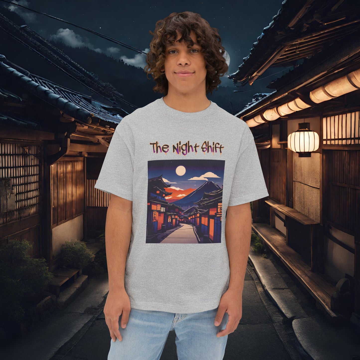 Volcanic Japanese Traditional Village-Premium, Ultra Soft Unisex Oversized Boxy Tee Athletic Heather Printify by The Night Shift Automotive Apparel