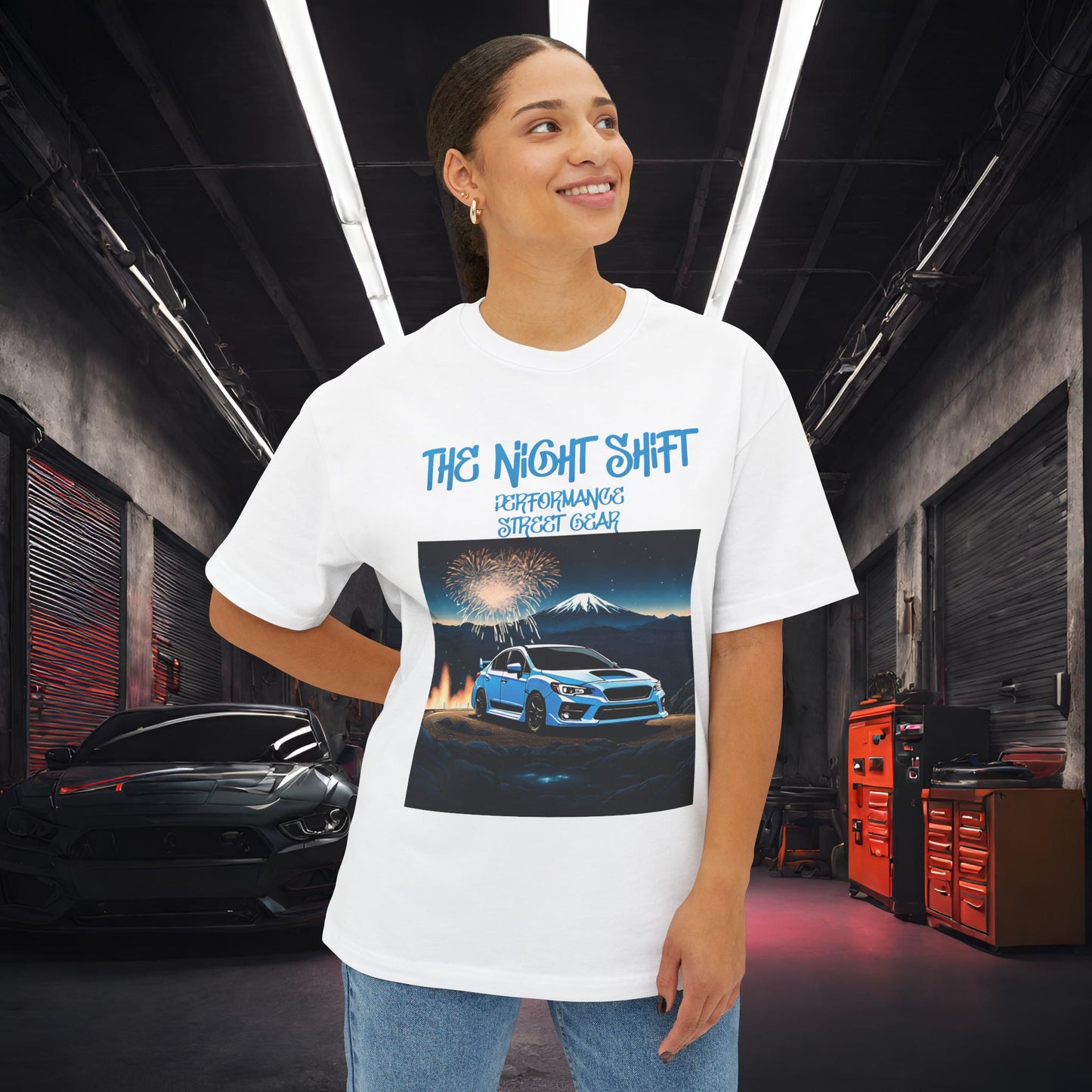 Subaru WRX/STI Fireworks In The Mountains - Premium, Ultra Soft Unisex Oversized Boxy Tee Printify by The Night Shift Automotive Apparel