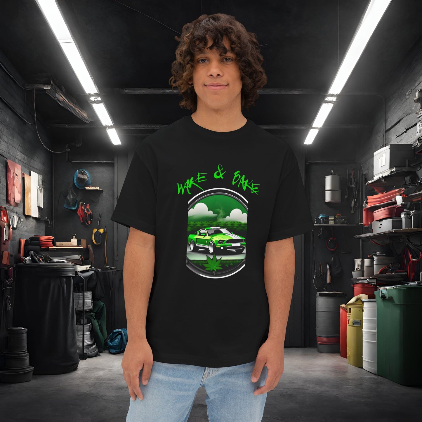Wake And Bake-Premium, Ultra Soft Unisex Oversized Boxy Tee Black Printify by The Night Shift Automotive Apparel