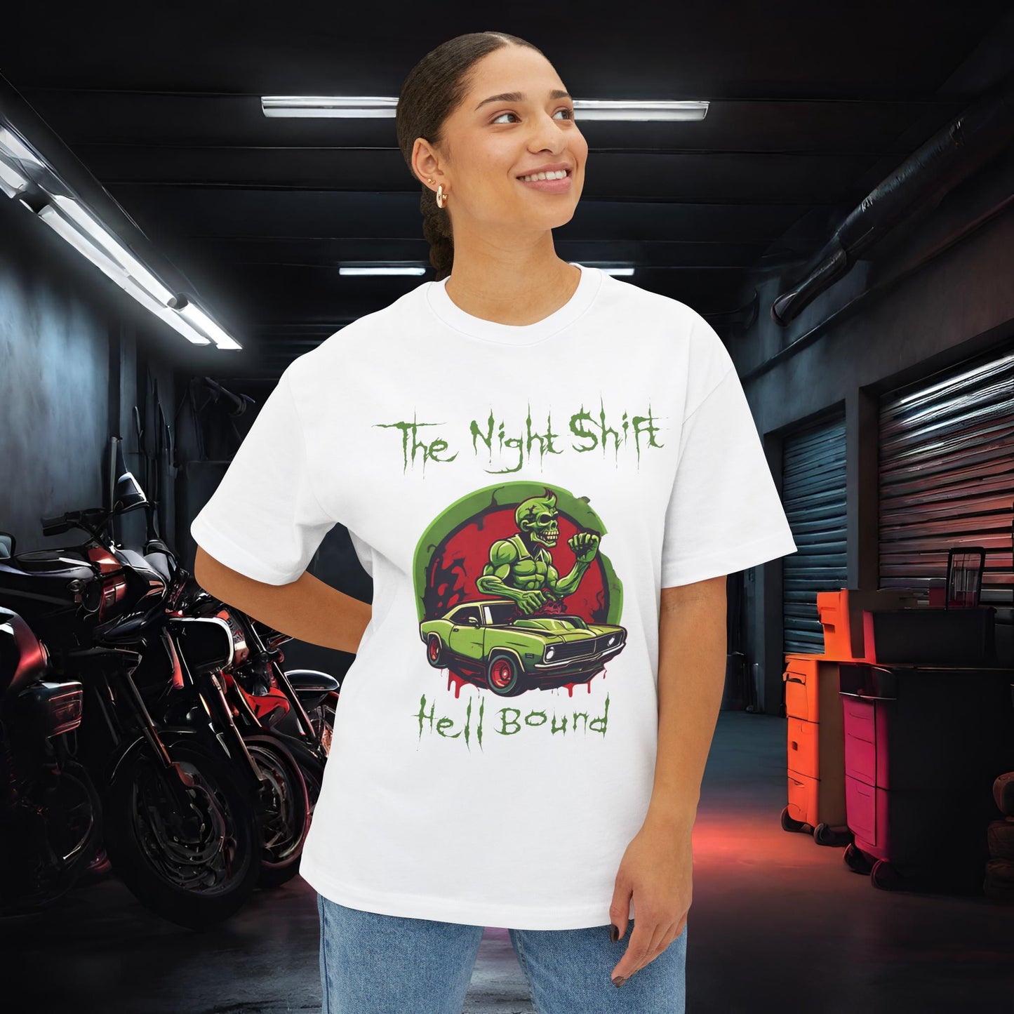 Hell Bound Zombie Muscle Car-Premium, Ultra Soft Unisex Oversized Boxy Tee Printify by The Night Shift Automotive Apparel