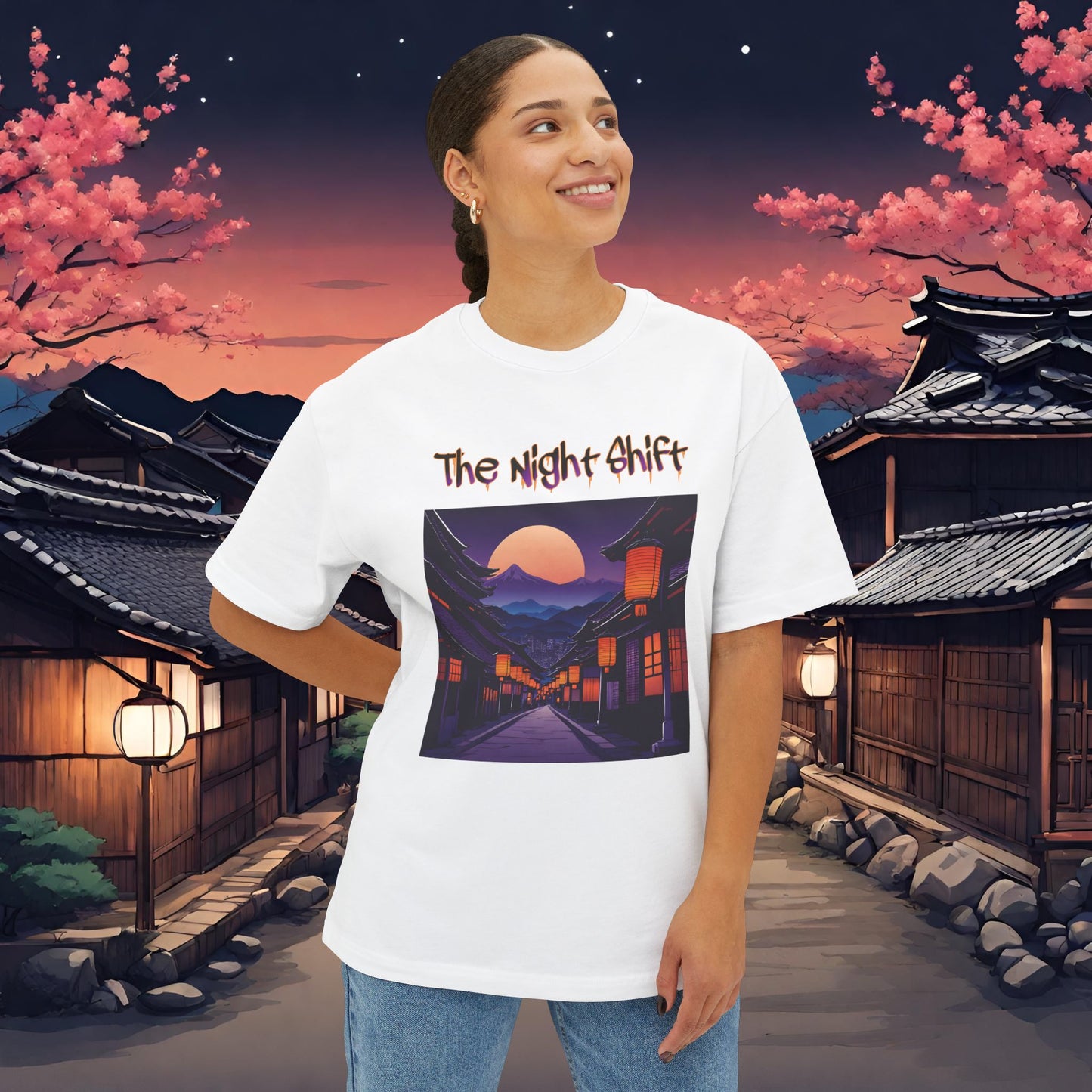Moonlit Japanese Traditional Village-Premium, Ultra Soft Unisex Oversized Boxy Tee Printify by The Night Shift Automotive Apparel