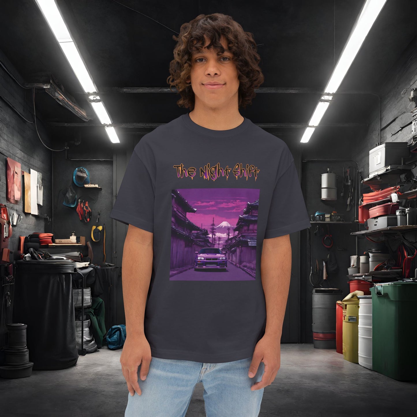 Nissan Skyline R34 Japanese Traditional Village-Premium, Ultra Soft Unisex Oversized Boxy Tee Dark Grey Printify by The Night Shift Automotive Apparel
