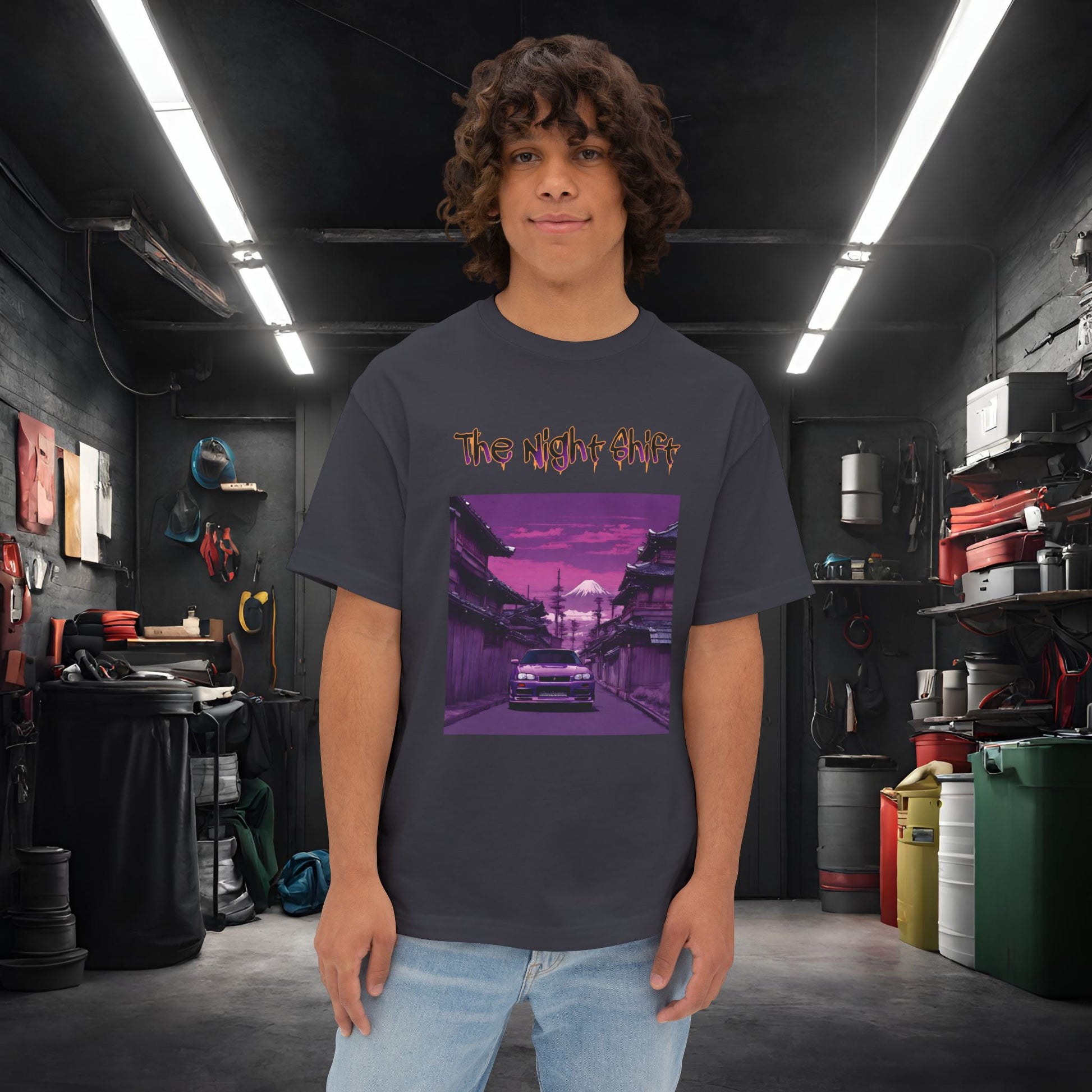 Nissan Skyline R34 Japanese Traditional Village-Premium, Ultra Soft Unisex Oversized Boxy Tee Dark Grey Printify by The Night Shift Automotive Apparel
