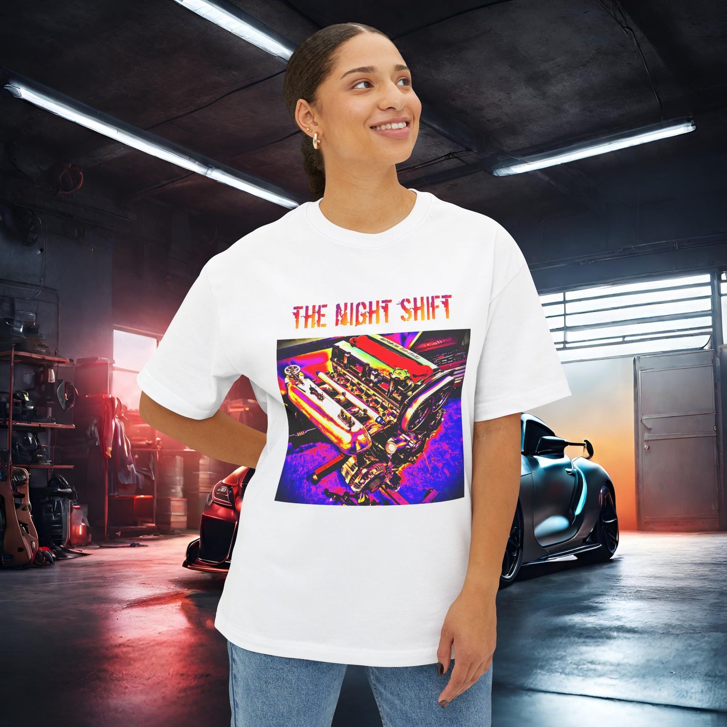 4G63 Synthwave-Premium, Ultra Soft Unisex Oversized Boxy Tee Printify by The Night Shift Automotive Apparel
