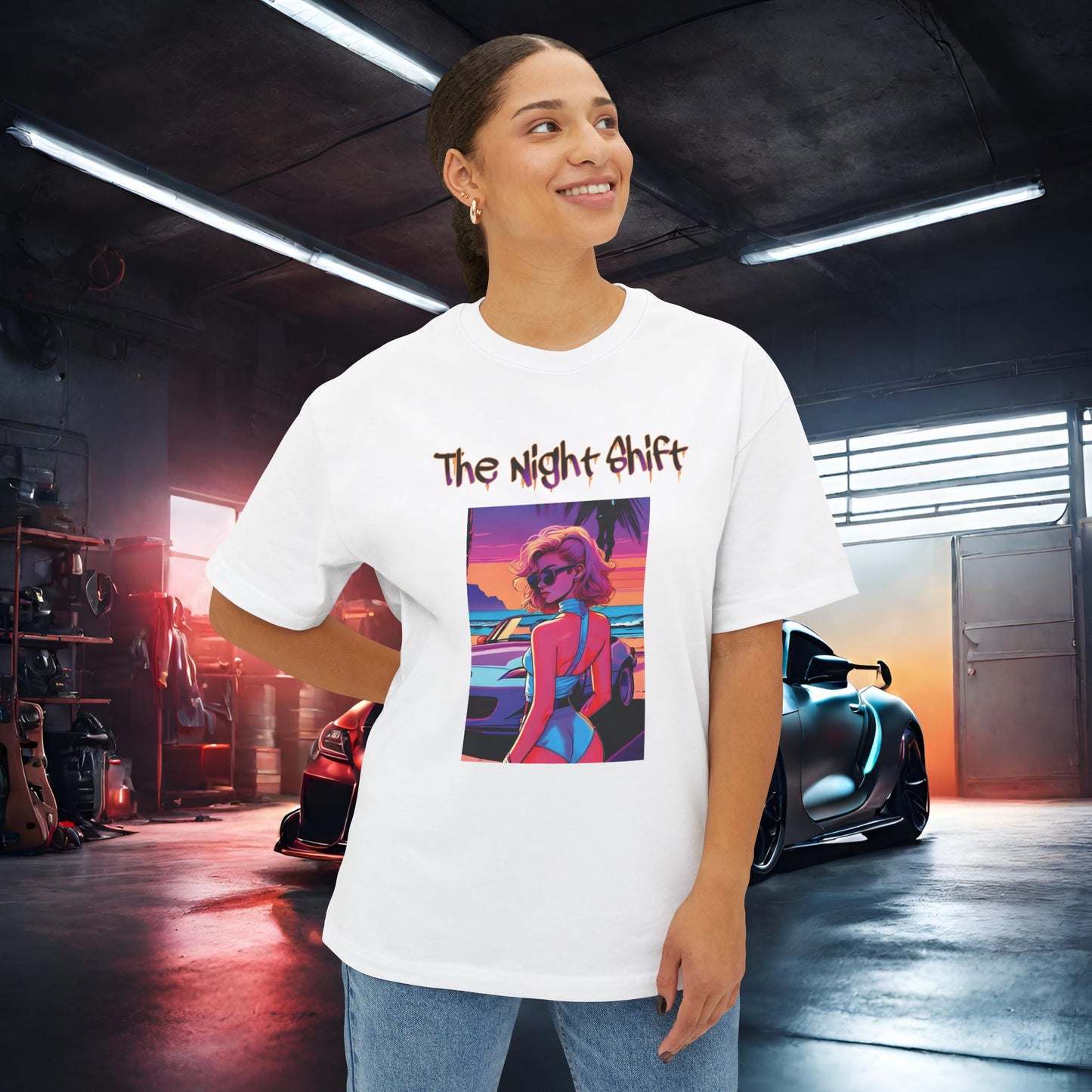 Miata Beach Days Synthwave-Premium, Ultra Soft Unisex Oversized Boxy Tee Printify by The Night Shift Automotive Apparel