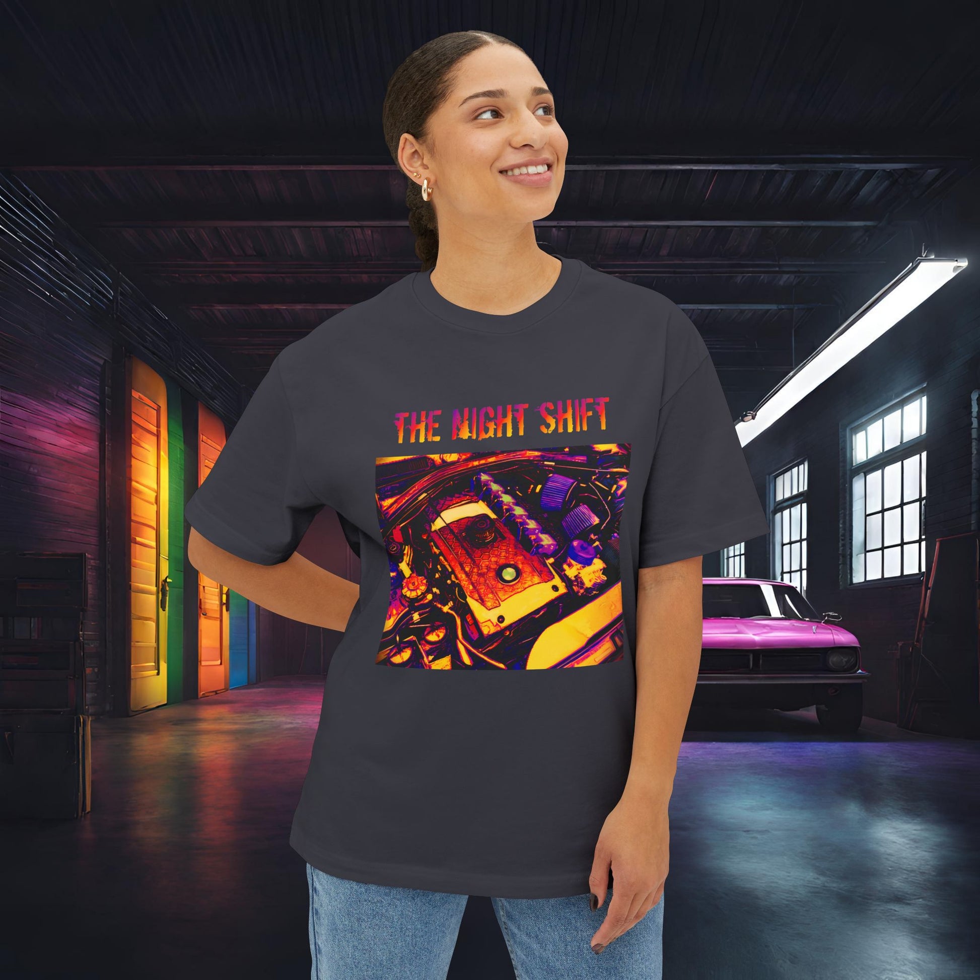 N54 Synthwave Unisex Oversized Boxy Tee Printify by The Night Shift Automotive Apparel