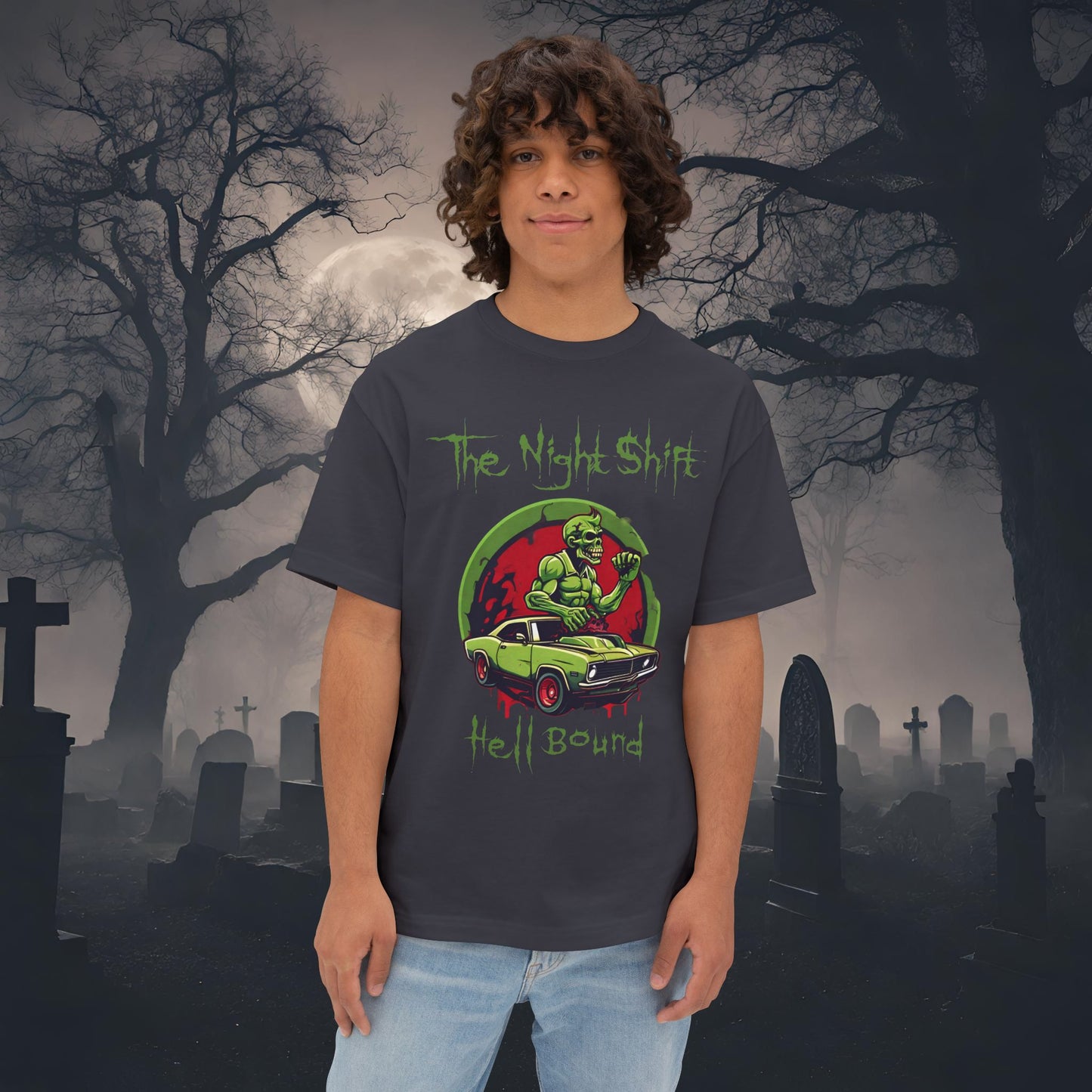 Hell Bound Zombie Muscle Car-Premium, Ultra Soft Unisex Oversized Boxy Tee Dark Grey Printify by The Night Shift Automotive Apparel