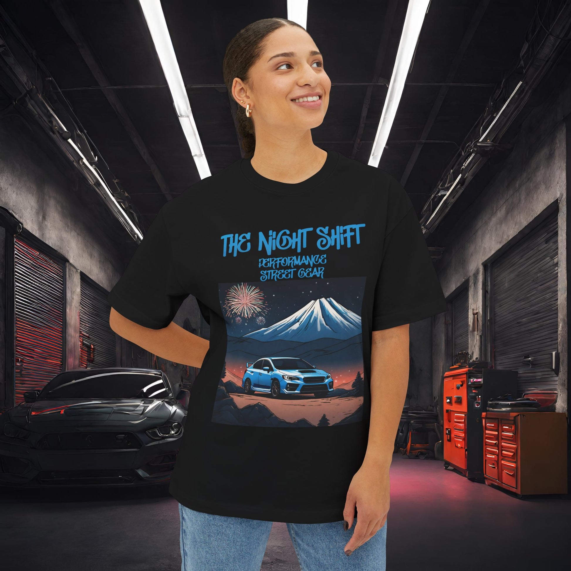 Subaru WRX/STI Fireworks In The Mountains-Premium, Ultra Soft Unisex Oversized Boxy Tee Printify by The Night Shift Automotive Apparel
