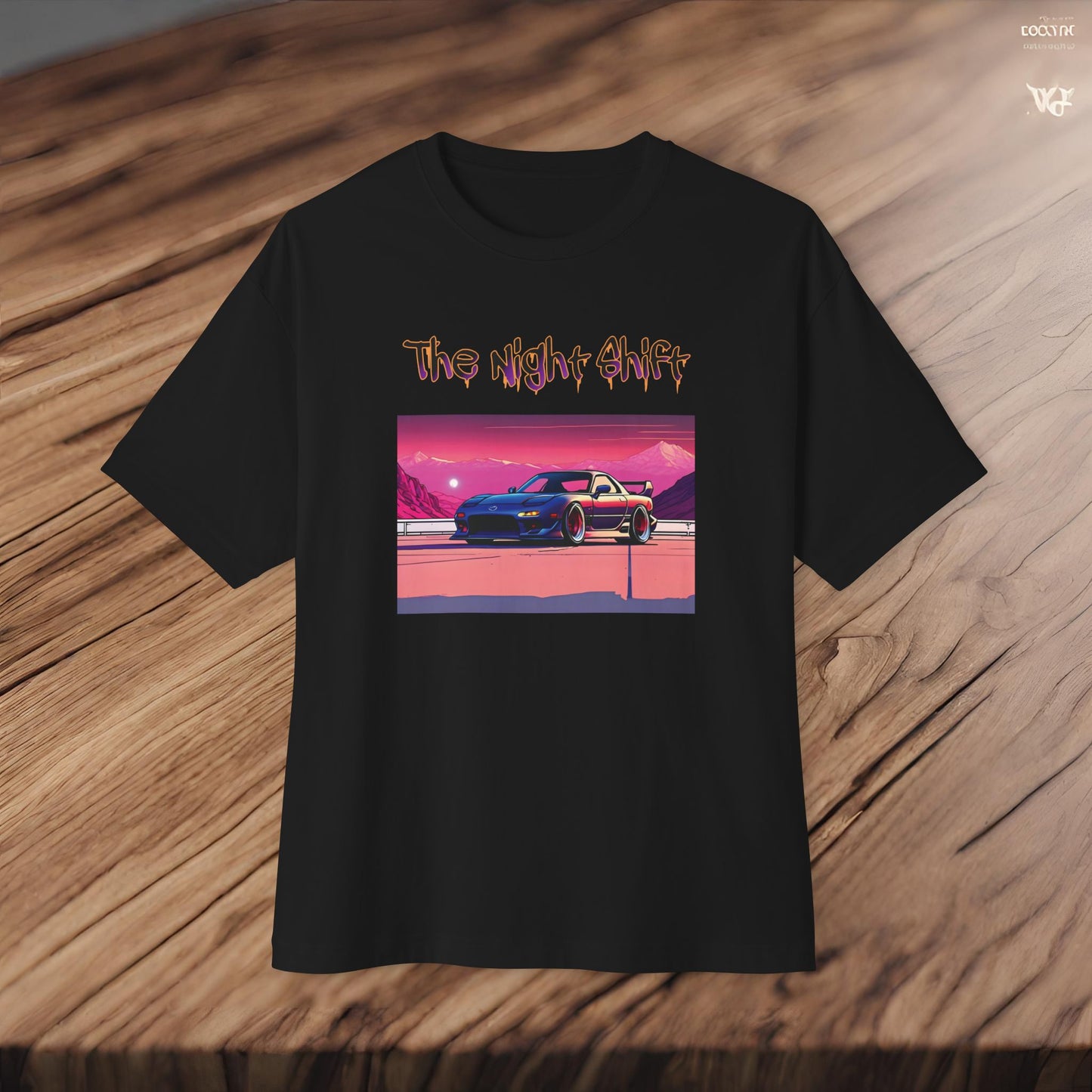 Mazda RX7 Synthwave-Premium, Ultra Soft Unisex Oversized Boxy Tee Printify by The Night Shift Automotive Apparel