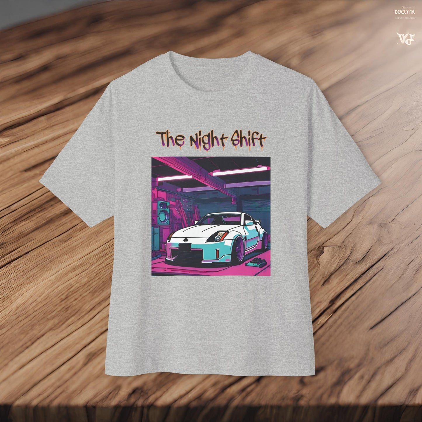Nissan 350z Synthwave-Premium, Ultra Soft Unisex Oversized Boxy Tee Printify by The Night Shift Automotive Apparel