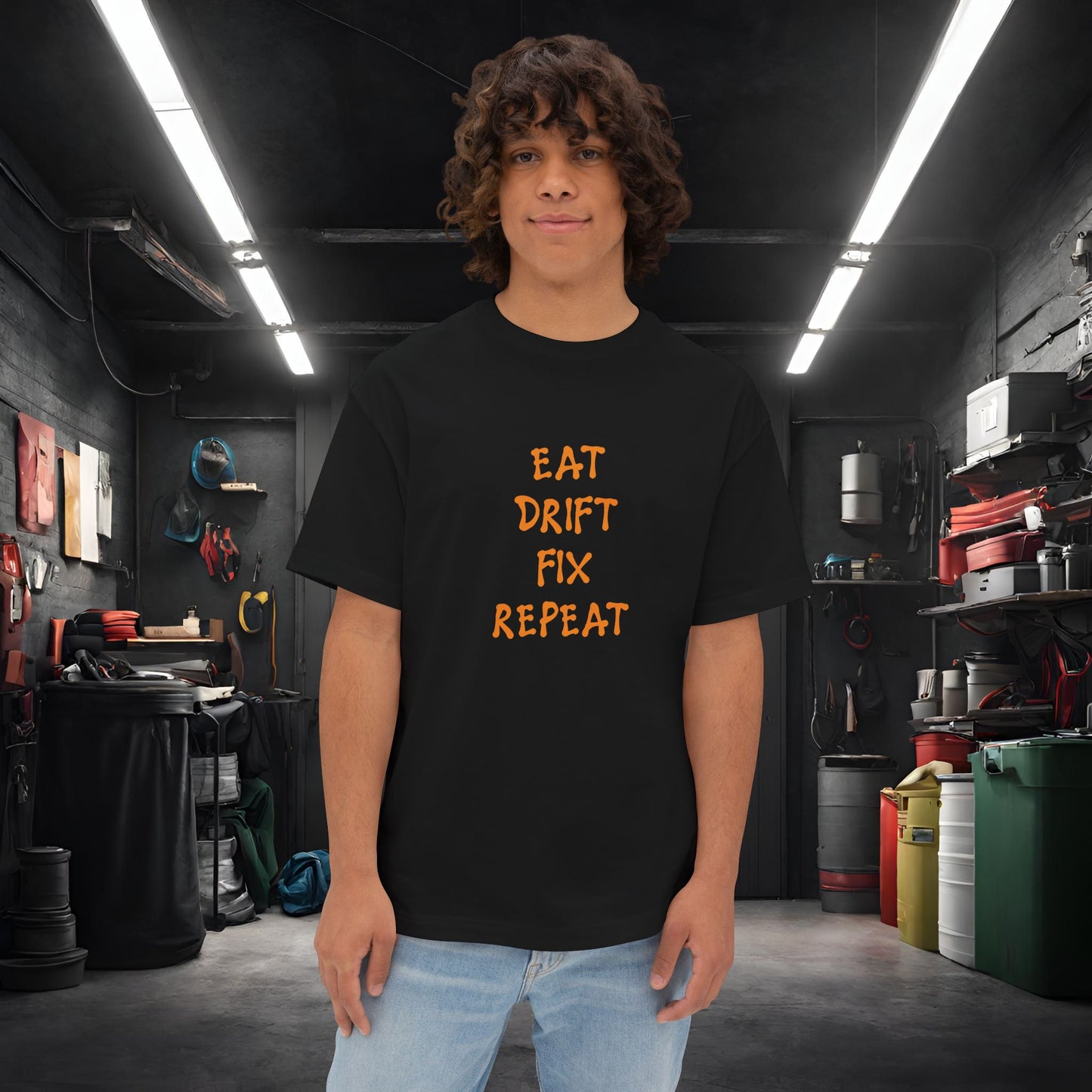 Eat, Drift, Fix, Repeat. I'll Sleep When I'm Dead-Premium, Ultra Soft Unisex Oversized Boxy Tee Black Printify by The Night Shift Automotive Apparel