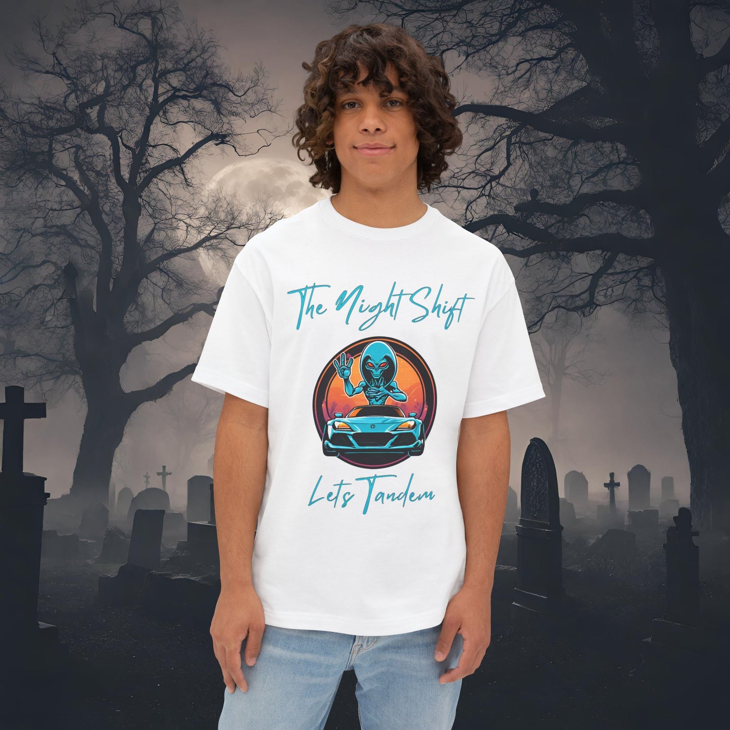 Lets Tandem Alien-Premium, Ultra Soft Unisex Oversized Boxy Tee White Printify by The Night Shift Automotive Apparel