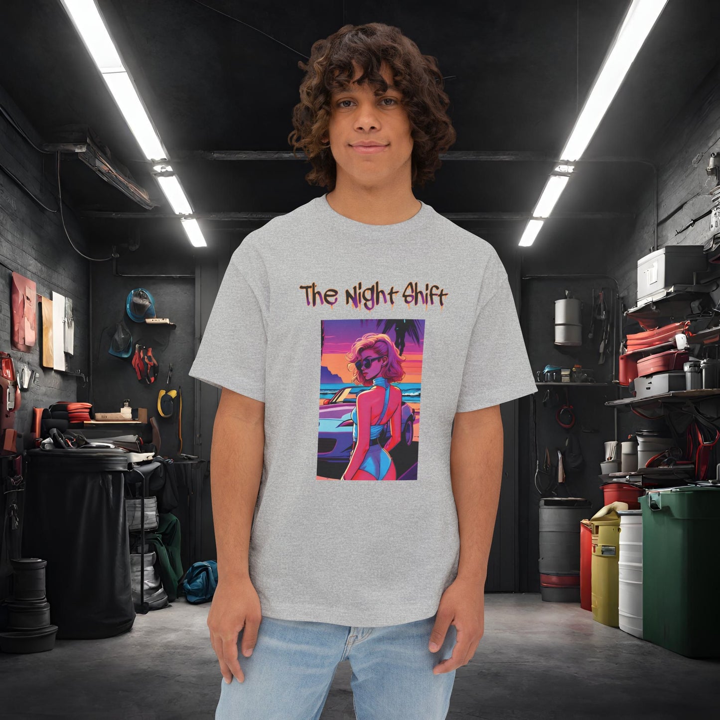 Miata Beach Days Synthwave-Premium, Ultra Soft Unisex Oversized Boxy Tee Athletic Heather Printify by The Night Shift Automotive Apparel