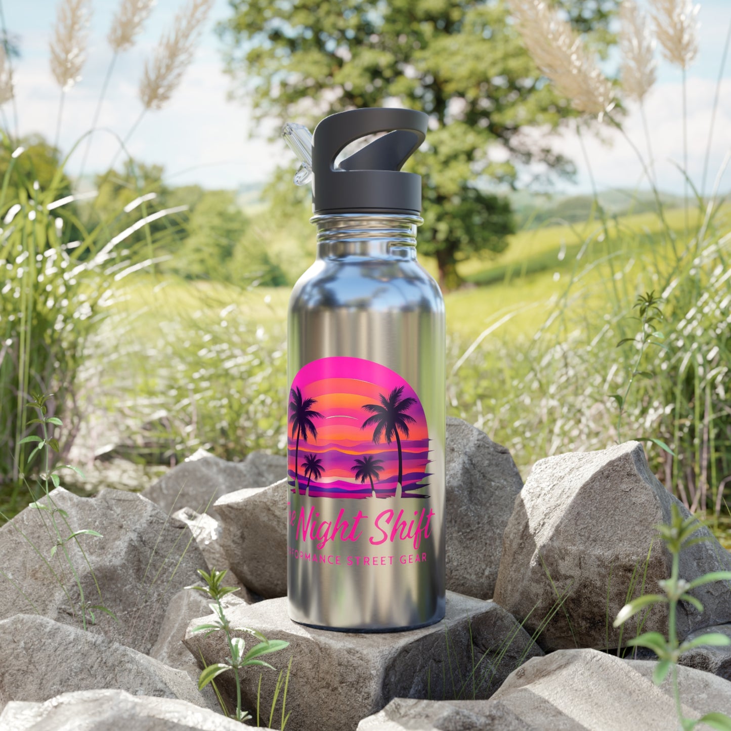 Stainless Steel Water Bottle With Straw, 20oz 20oz Silver Printify by The Night Shift Automotive Apparel