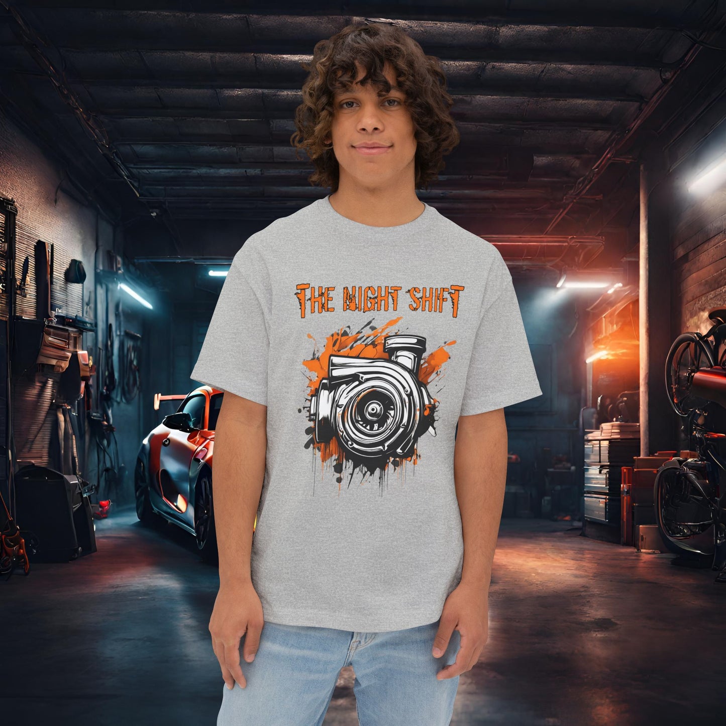 Graffiti Turbo-Premium, Ultra Soft Unisex Oversized Boxy Tee Athletic Heather Printify by The Night Shift Automotive Apparel