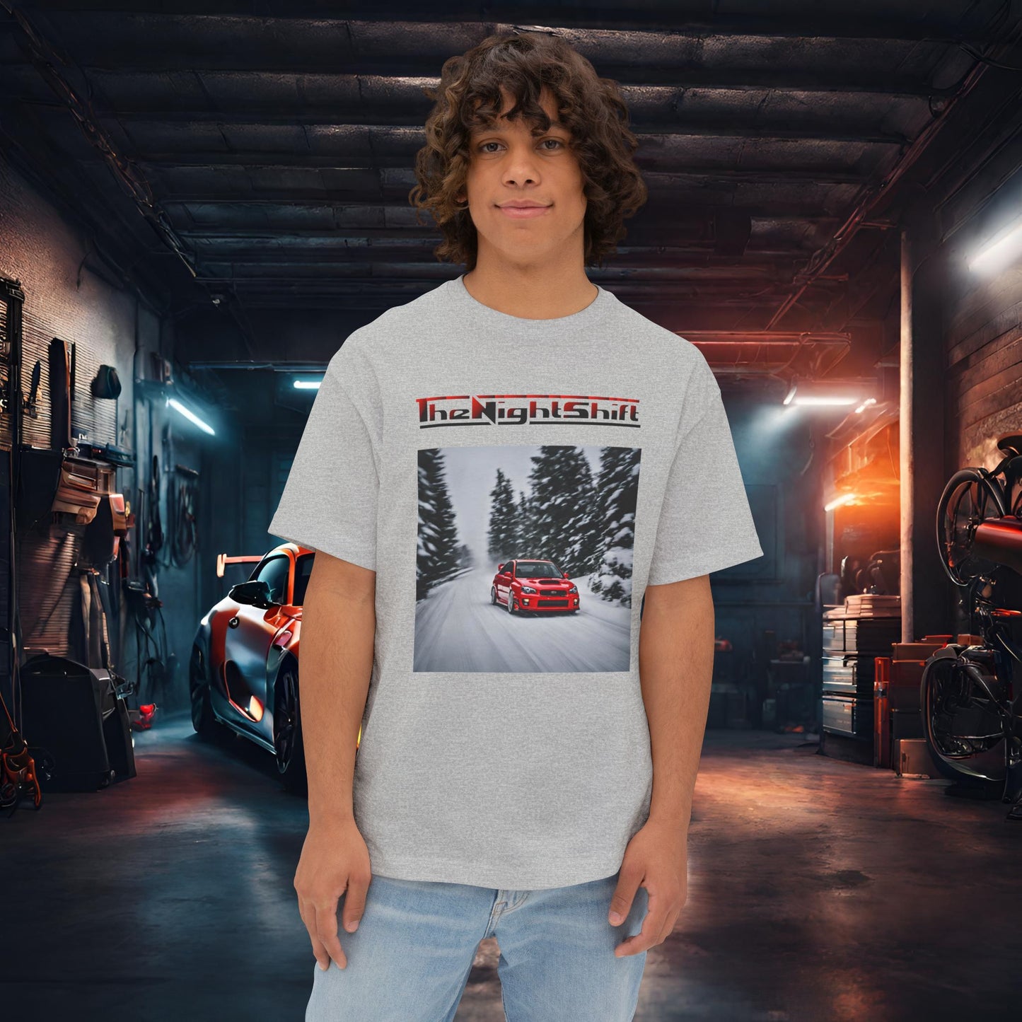 Subaru Impreza WRX/STI Snow Drifting-Premium, Ultra Soft Unisex Oversized Boxy Tee Athletic Heather Printify by The Night Shift Automotive Apparel