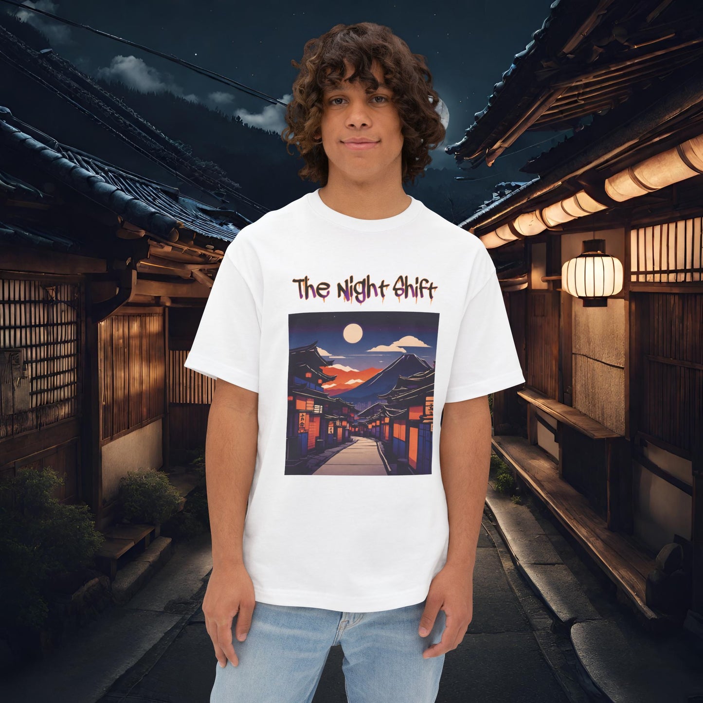 Volcanic Japanese Traditional Village-Premium, Ultra Soft Unisex Oversized Boxy Tee White Printify by The Night Shift Automotive Apparel
