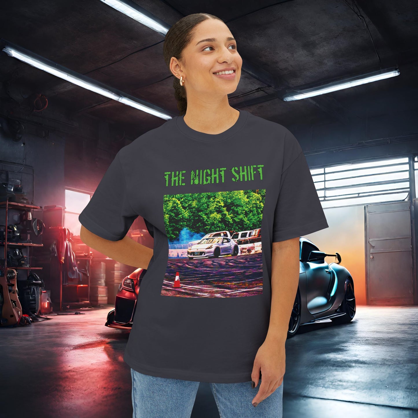 Nissan 370z Drifting Nedco NHMS-Premium, Ultra Soft Unisex Oversized Boxy Tee Printify by The Night Shift Automotive Apparel