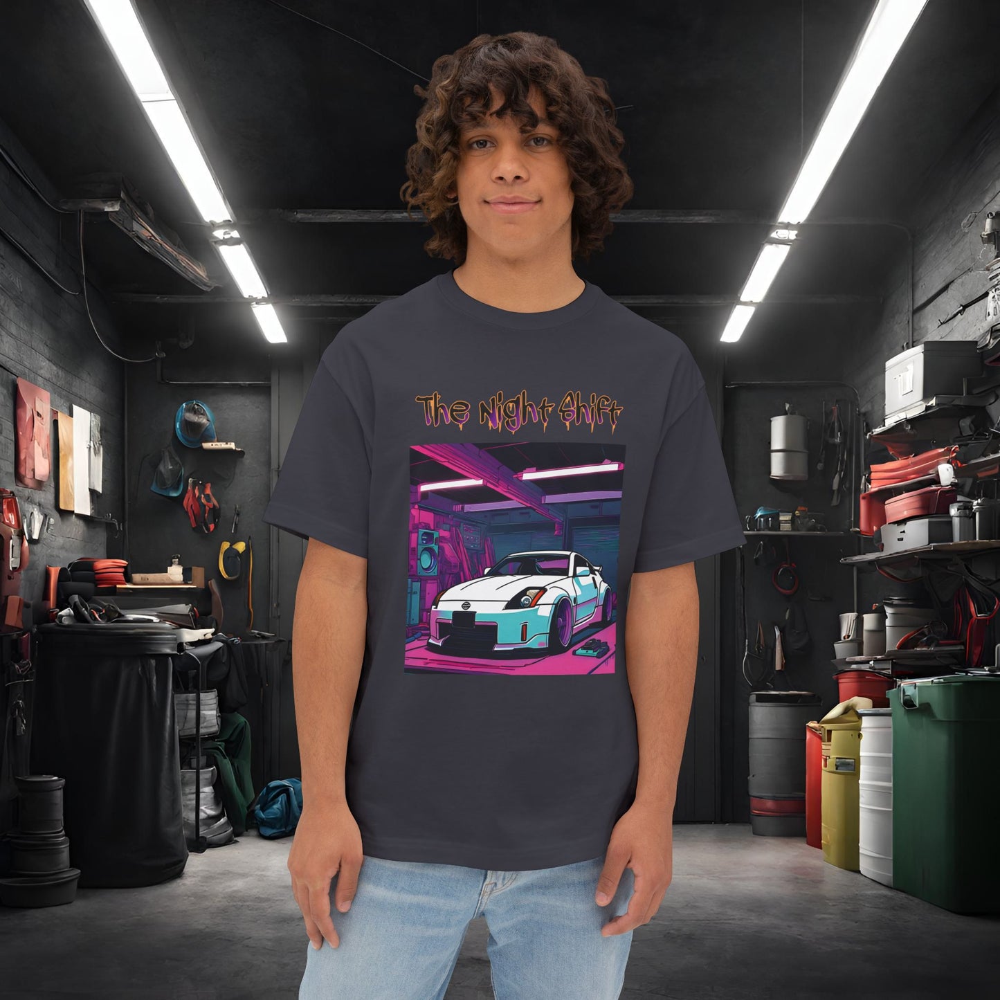 Nissan 350z Synthwave-Premium, Ultra Soft Unisex Oversized Boxy Tee Dark Grey Printify by The Night Shift Automotive Apparel