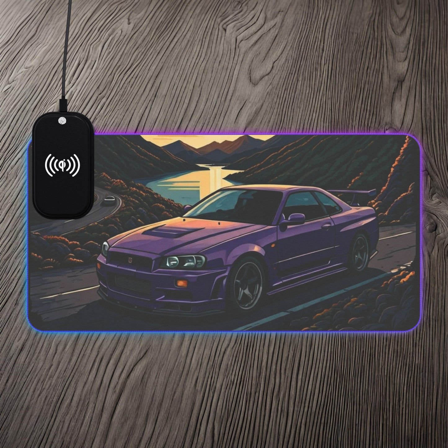 Nissan Skyline R34 GTR Mountain Drive-LED Gaming Mouse Pad with Wireless Charging 23.6" × 11.8" Rectangle 15W Printify by The Night Shift Automotive Apparel