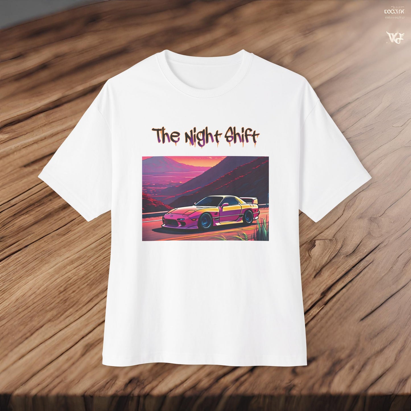 Mazda RX7 Synthwave-Premium, Ultra Soft Unisex Oversized Boxy Tee Printify by The Night Shift Automotive Apparel