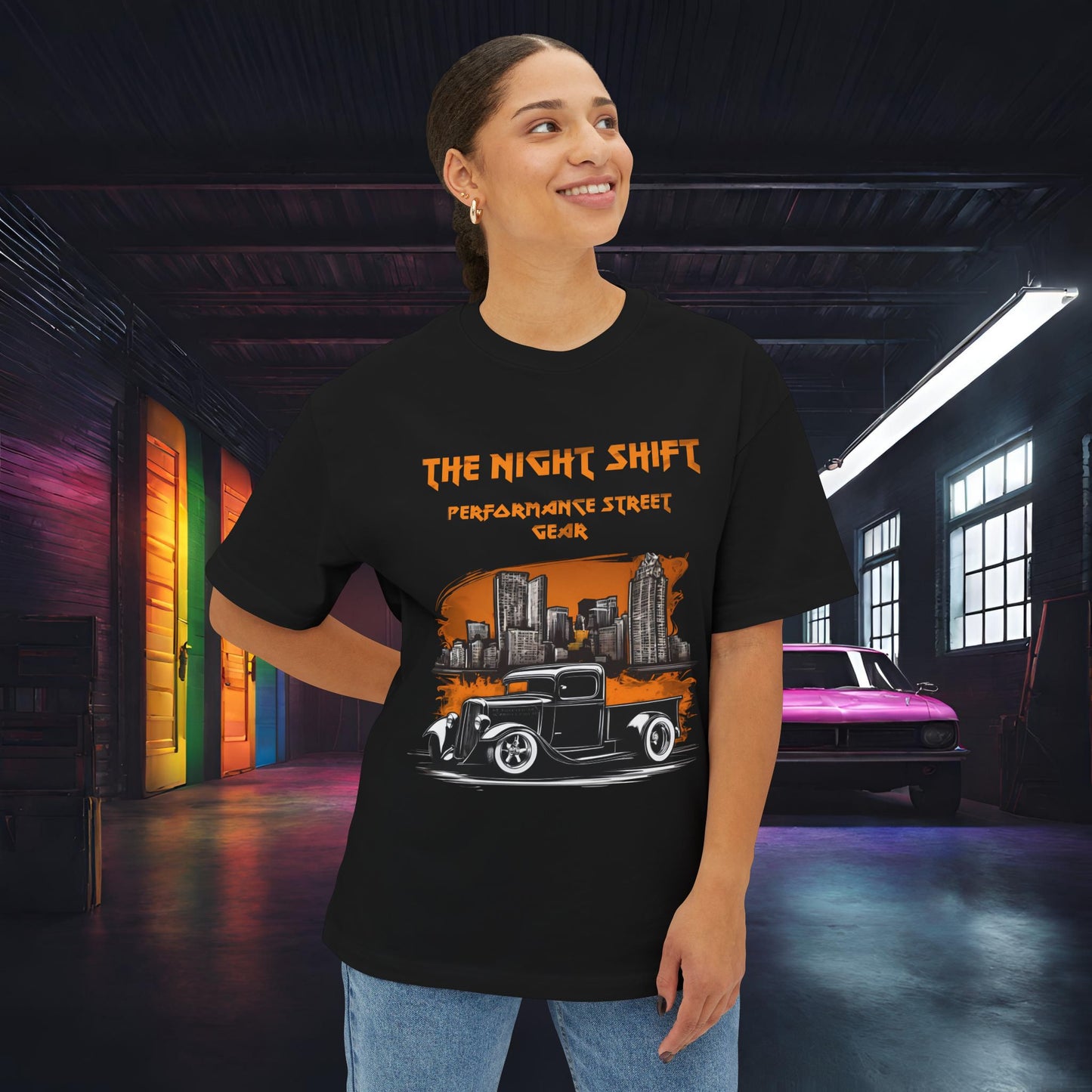 1930's Hot Rod Pick Up Urban Streets-Premium, Ultra Soft Unisex Oversized Boxy Tee Printify by The Night Shift Automotive Apparel